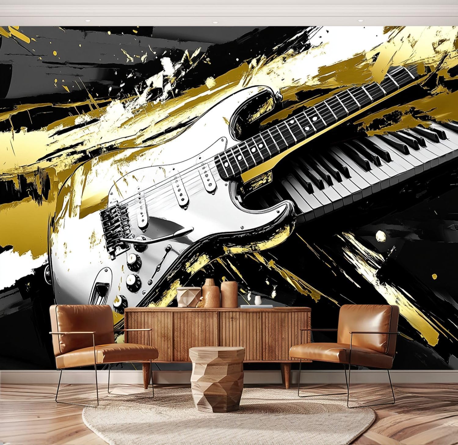 Music Black Gold Guitar Piano Drum Set Studio Electric Upright Drums Wall Mural Peel & Stick Wallpaper Removable Self-Adhesive Large Wall Sticker Wall Decor for Bedroom Living Room Nursery 100"x144"