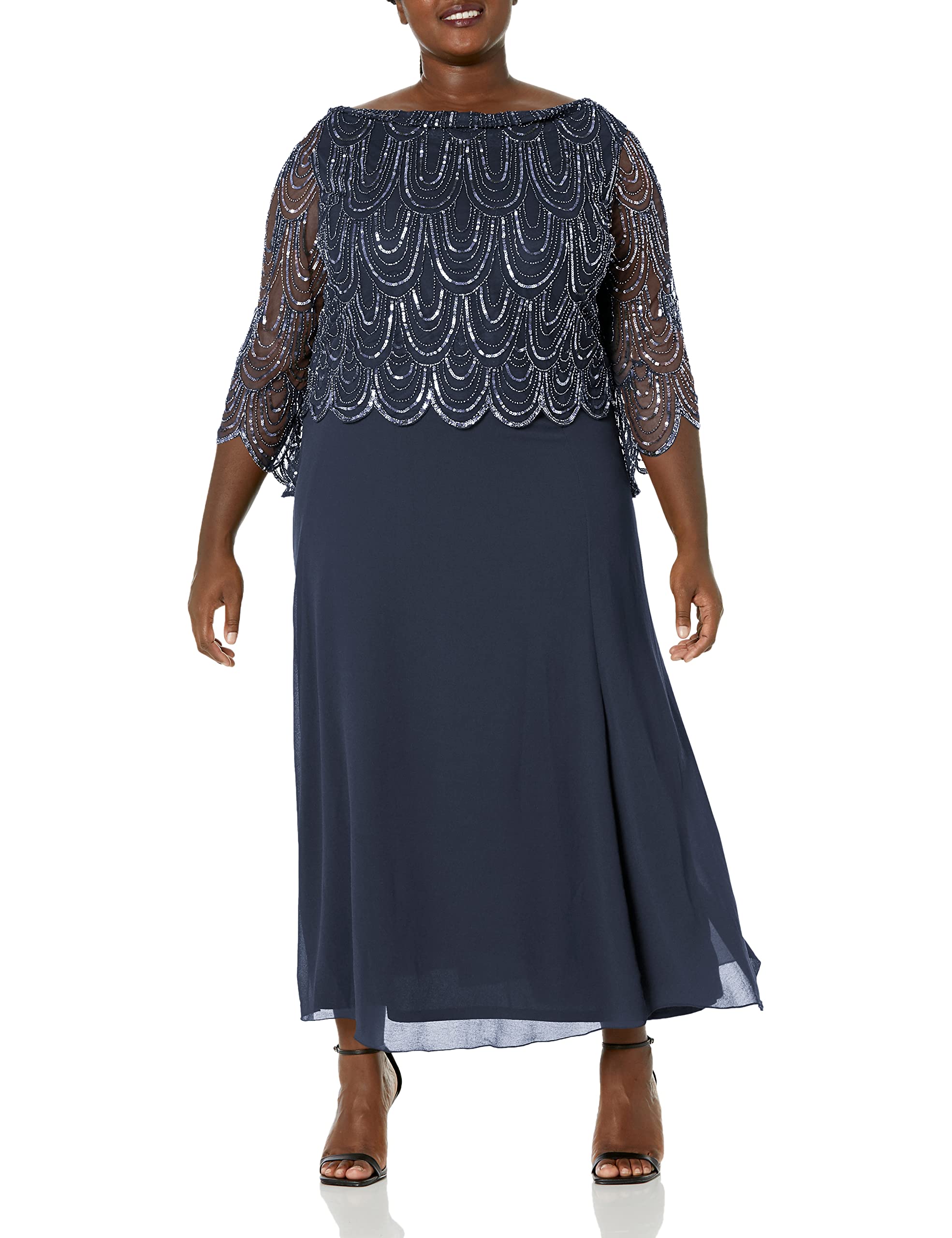 J Kara Women's Size 3/4 Scallop Beaded Pop Over Gown Plus