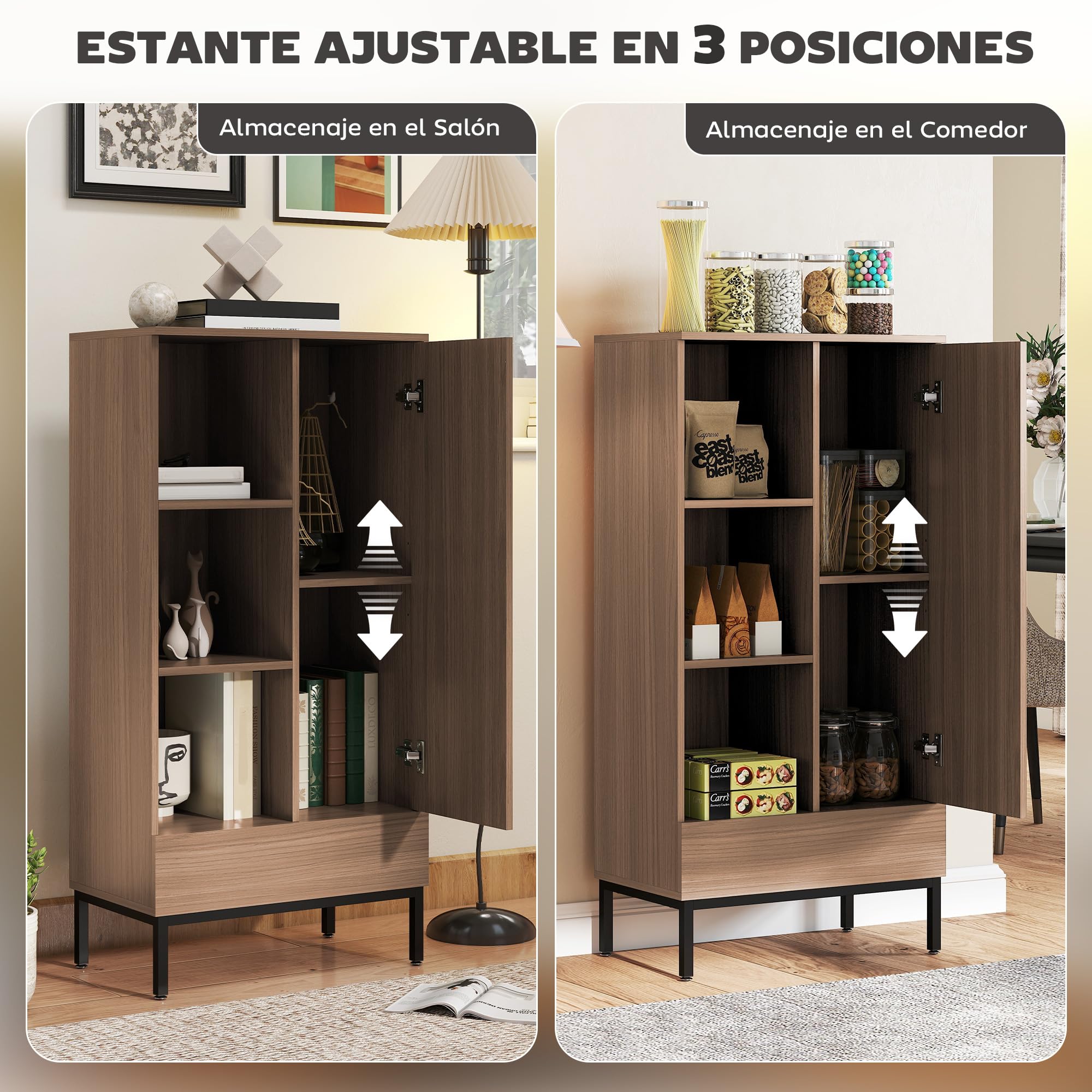 HOMCOM Aparador 1 Puerta Aparador para Salón Moderno con Cajón Estante Ajustable y 3 Compartimentos Abiertos para Comedor Entrada Dormitorio 60x34x121 cm Natural
