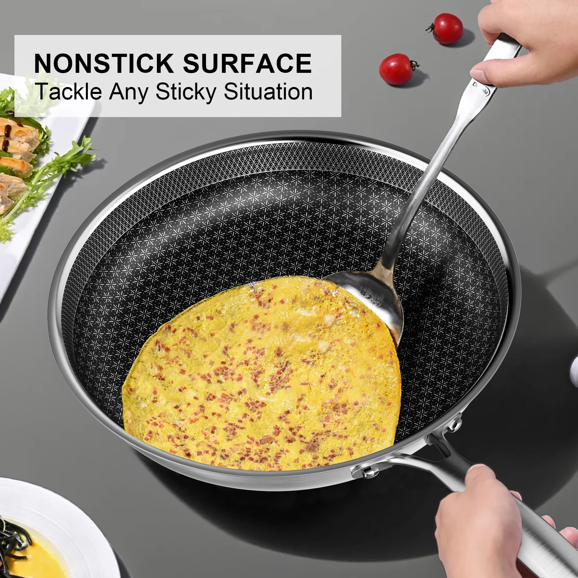 RIOVARM Acier inoxydable Set de poêles à frire Induction Antiadhésive Batterie de cuisine 20cm 26cm 30cm Poêle Wok Lavable au lave-vaisselle Sans danger pour le four pour tous les types de cuisinières