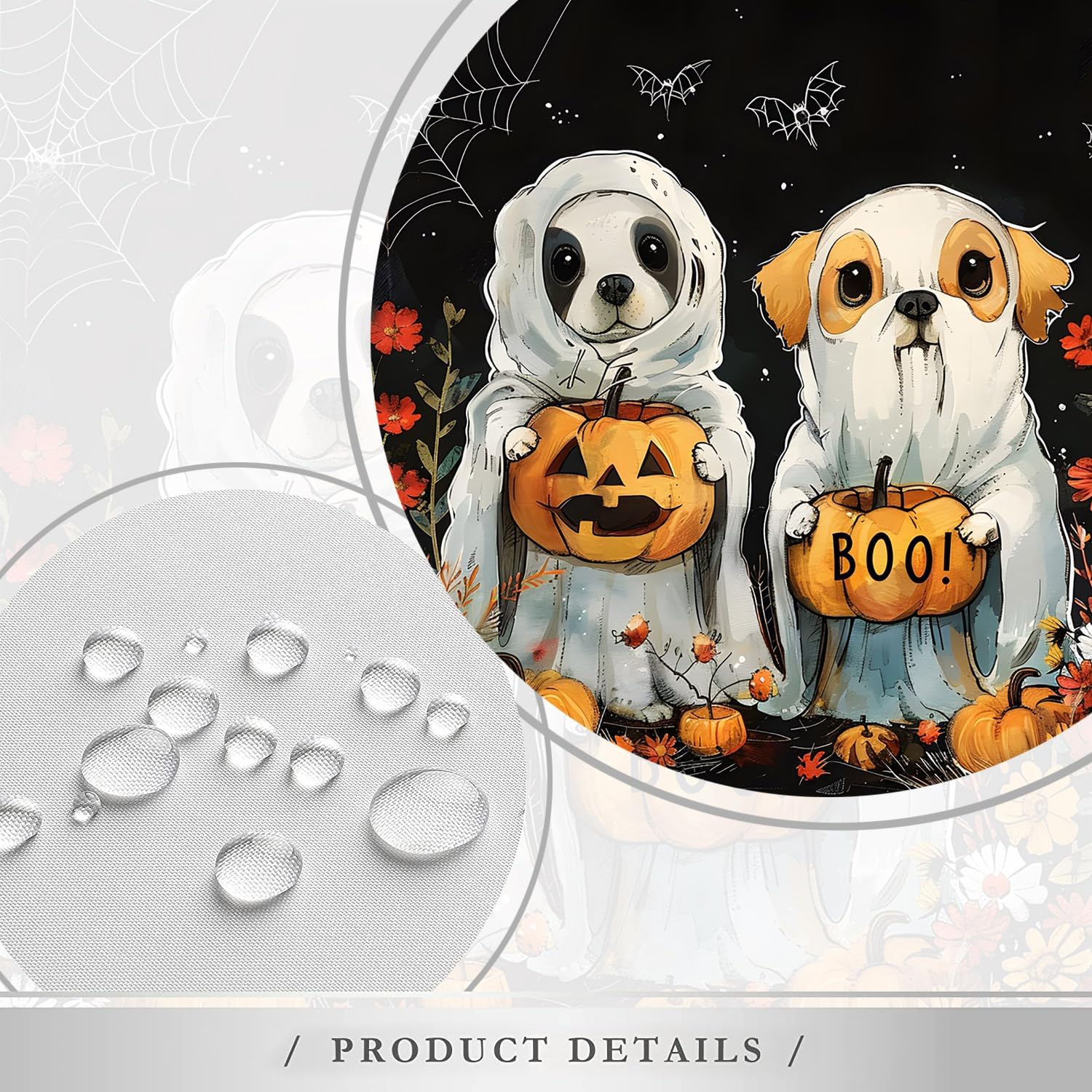 Halloween Dog Shower Curtain Scary Pumpkin Cute Ghost Dress Up Cobweb Bat Fun Fall Floral Kids Polyester Fabric Bathroom Decor Set with Hooks 70X96 Inch