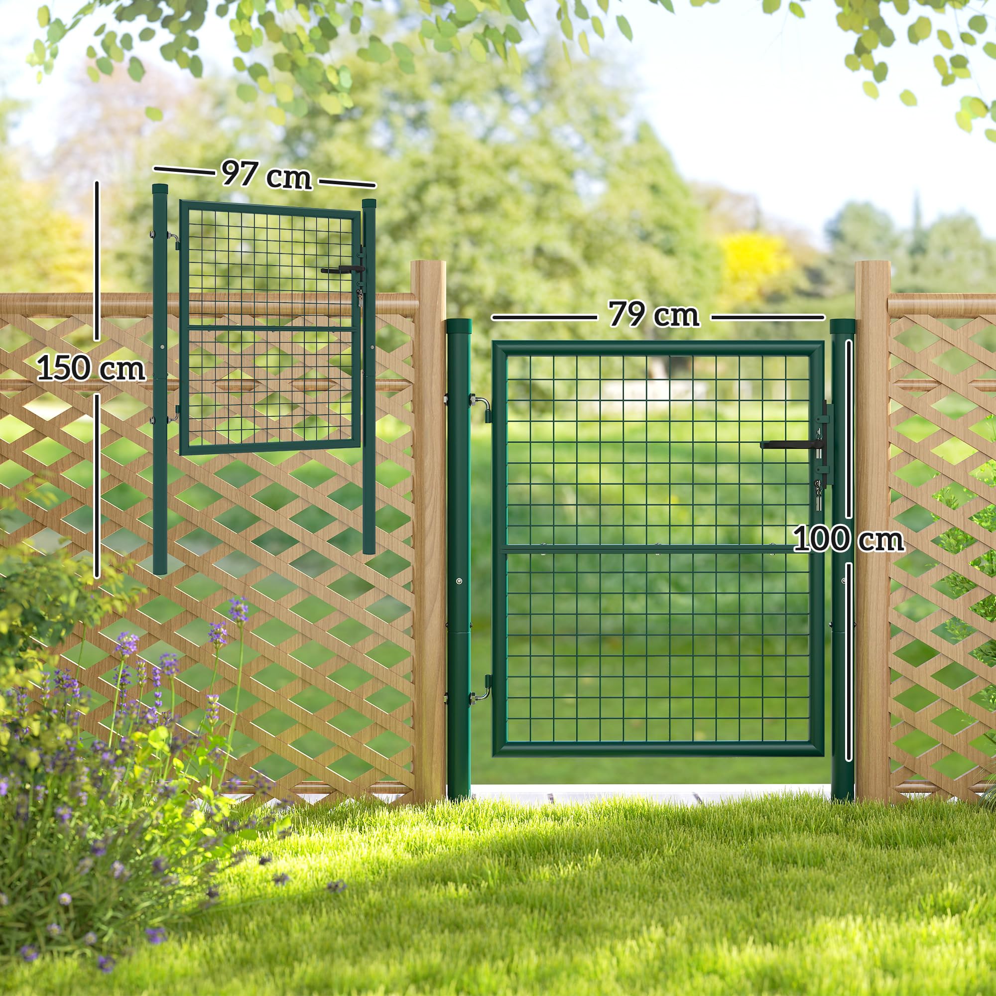 Outsunny Portillon de jardin en acier 97 x 150 cm portail de jardin avec serrure, clés et poignée, décoration en flèche, portillon de patio extérieur, vert