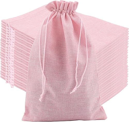 Miniatura 1 de ZOENHOU 30 paquetes de bolsas de arpillera grandes de 8 x 12 pulgadas con cordón, bolsas de yute duraderas de color rosa, sacos de arpillera a