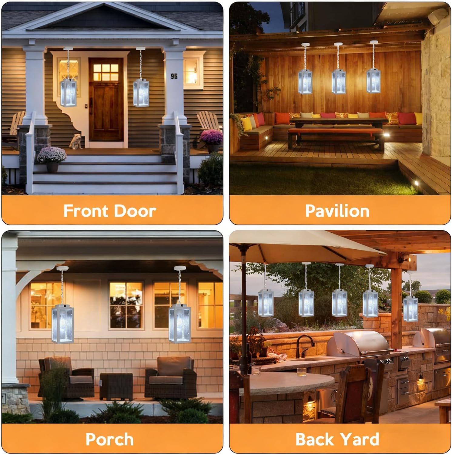 Outdoor Pendant Light, 11" Porch lights Outdoor Chandelier Hanging Ceiling Lights, White Aluminum Lightshade with Tempered Glass, Exterior Lighting Fixture for Porch Yard Gazebo, 1 Pack, No Sensor