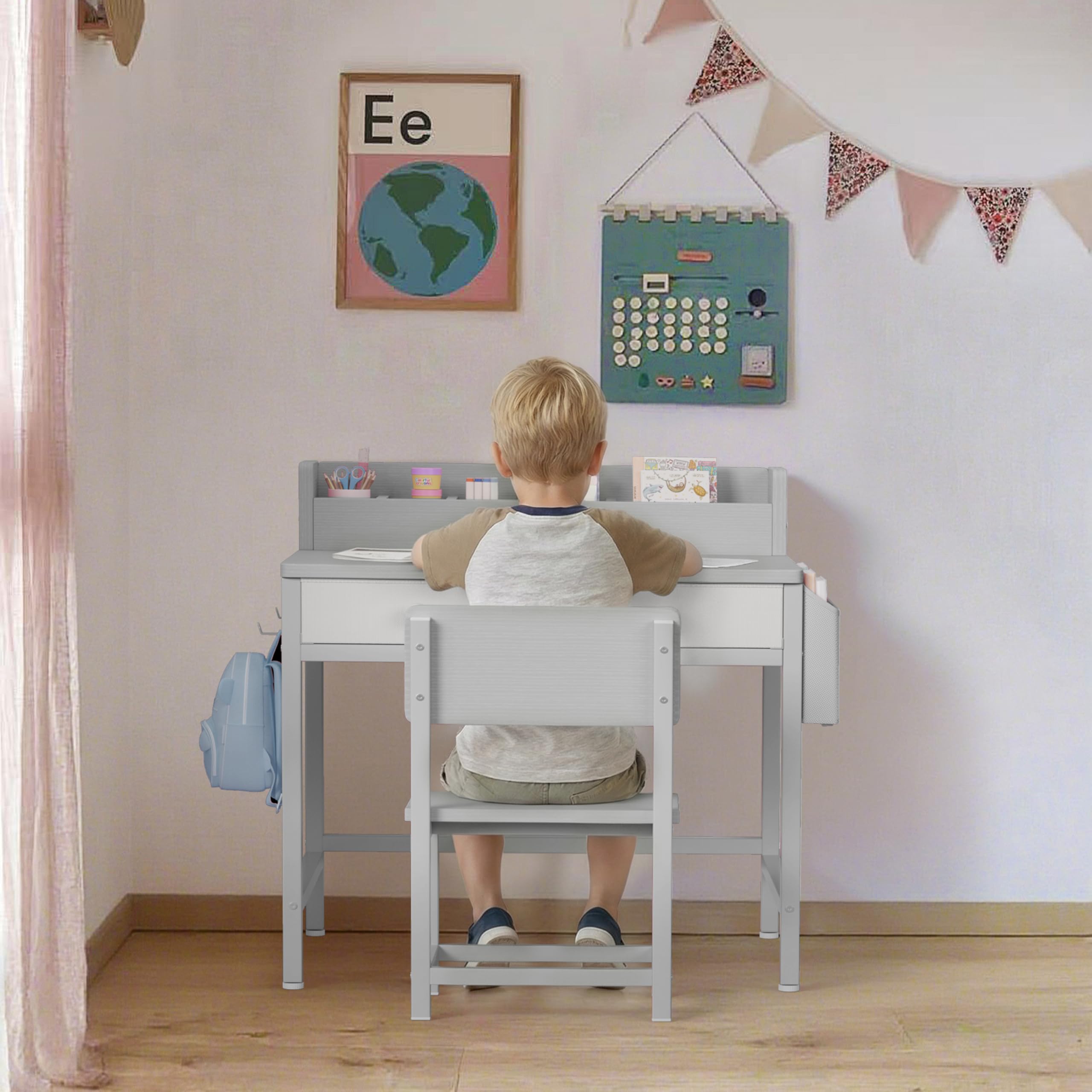 Amazon.co.jp: BOLUO (ボルー) グレー キッズデスクと椅子セット 5-8歳