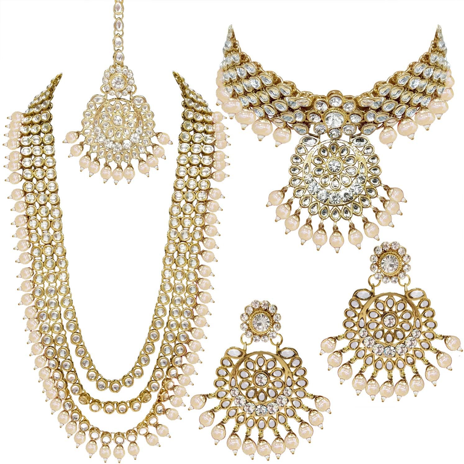 Indian Wedding Kundan Beaded Bridal Long Choker Necklace Earrings with Maang Tikka Traditional Jewelry Set for Women