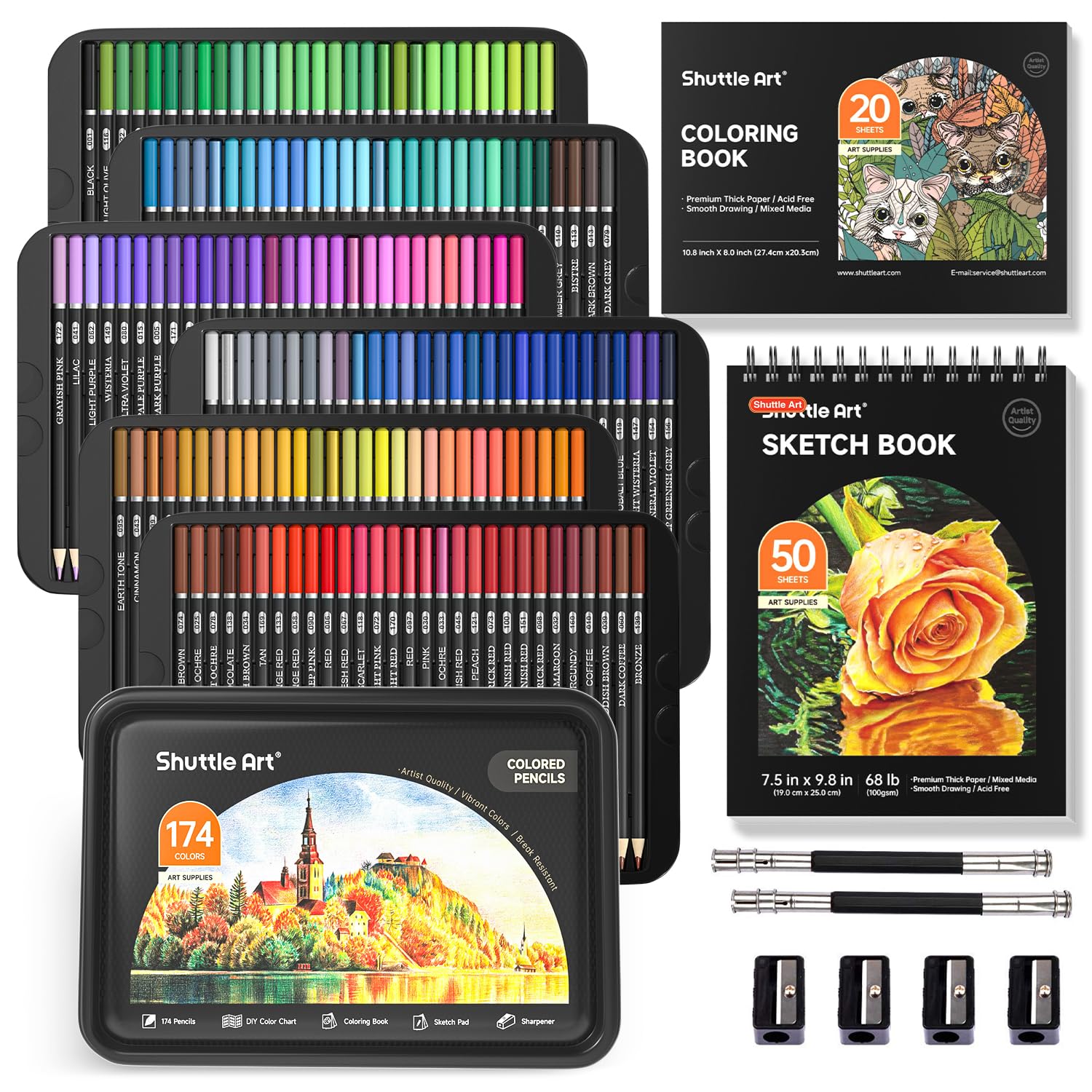 174 Colours Professional Colouring Pencils, Soft Core Coloured Pencils Set with 1 Colouring Book,1 Sketch Pad, 4 Sharpener, 2 Pencil Extender, Artists Kids Adults Colouring, Drawing