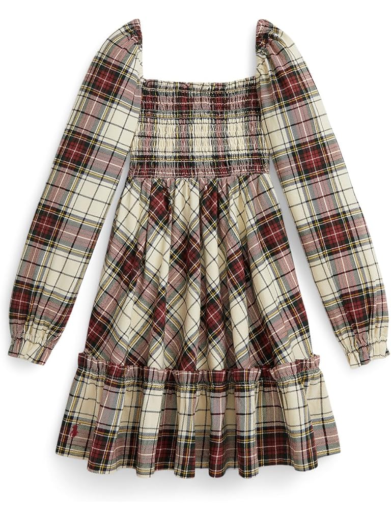 White Polo Ralph Lauren Plaid Ruffled Cotton Jersey Dress (Toddler/Little Kid)