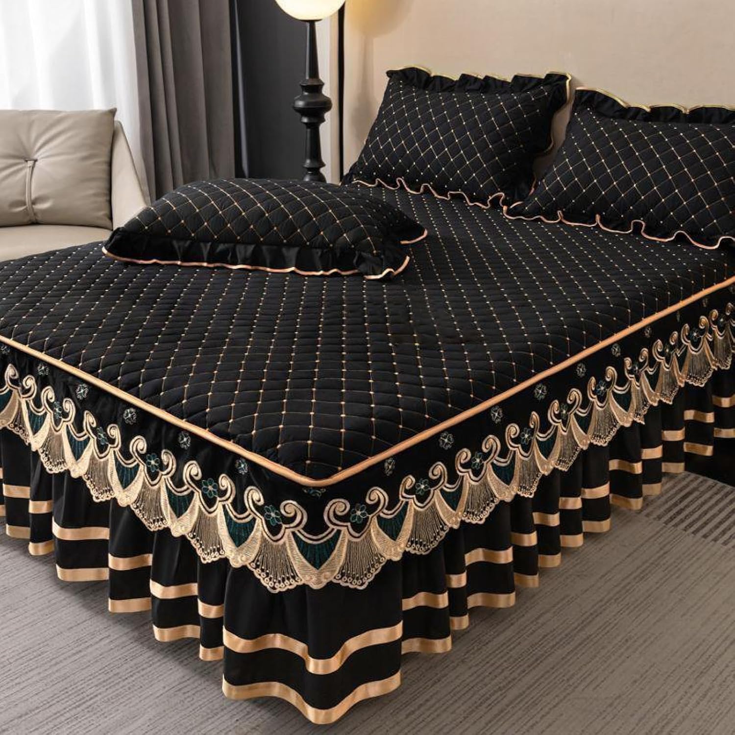 Bed Skirt Ruffled 17 in Drop Ruffle Breathable Soft Comfortable Bedskirt with Non Slip Band Bedskirts with 2 Pillowcases for Full Queen King Bed