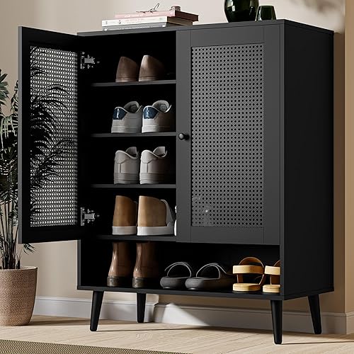 Miniatura 3 de Cozy Castle Gabinete de zapatos de ratán, armario de almacenamiento de zapatos de 5 niveles con puertas de ratán y estantes ajustables, gabinete