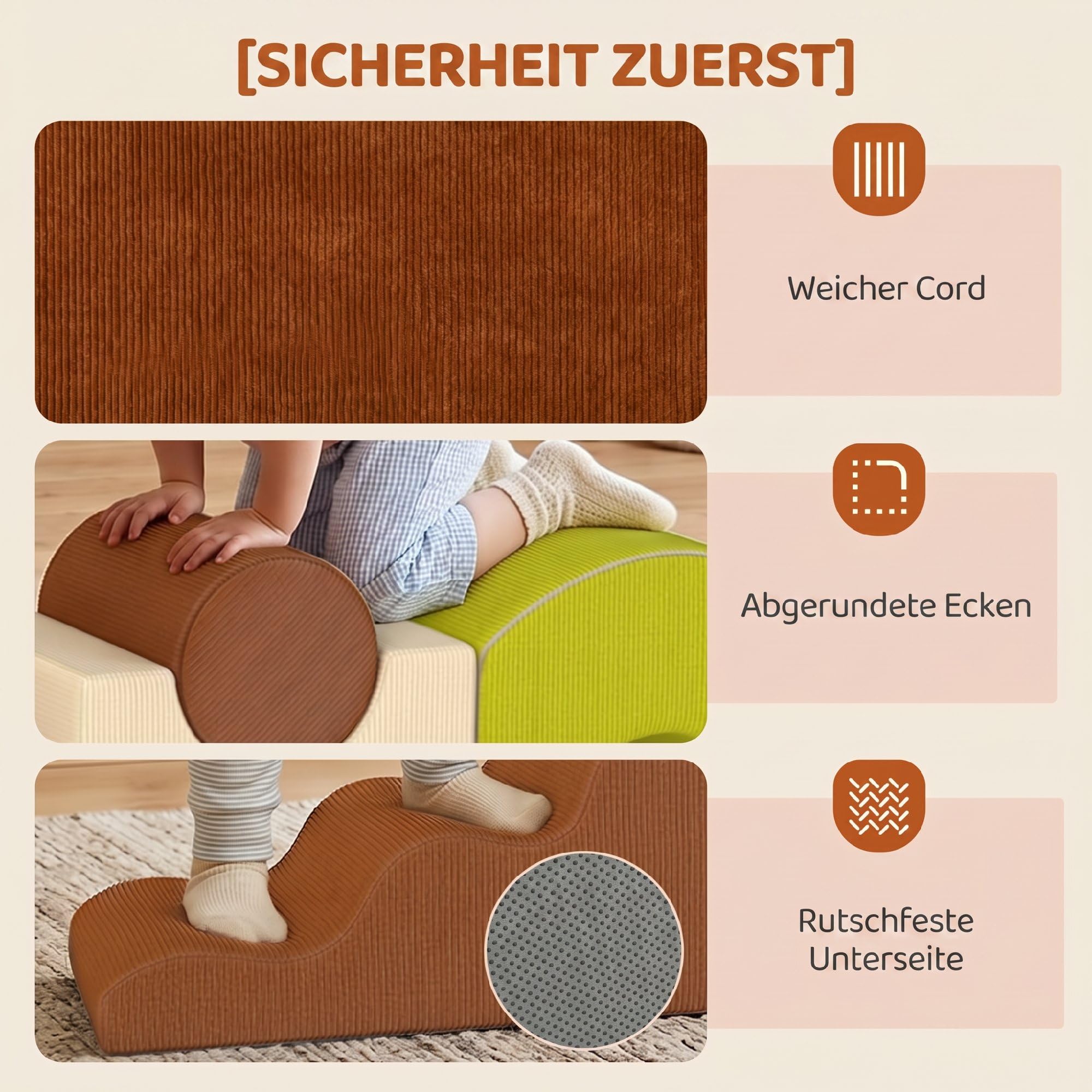 AIYAPLAY Schaumstoff Bausteine Cord-Optik Rutschfestem Boden 5-TLG. Bunt | Softbausteine Kinder Bausteinset, Klettern Großbausteine, Schaumstoff-Kletterblöcke, Bauklötze