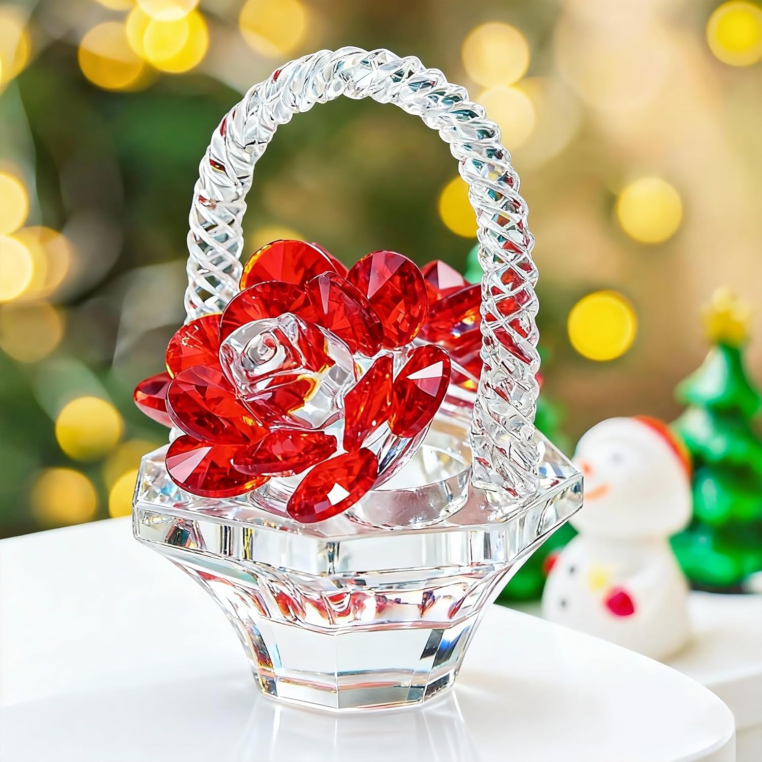 Crystal Red Rose Flower Basket Crystal Collectible Figurines Ornaments for Home Decor Table Cente...