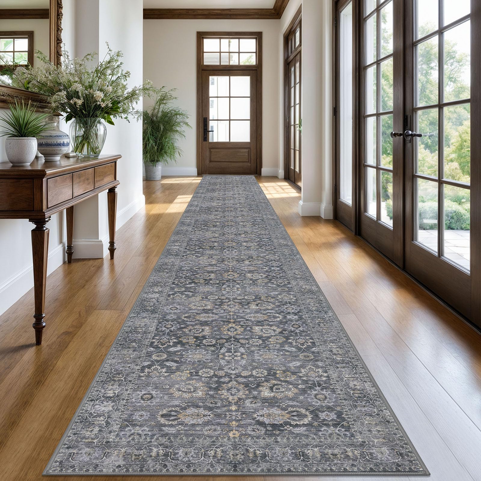 KOZYFLY Vintage Floral Washable Long Runner Rug 2.6x20 Grey — image 1