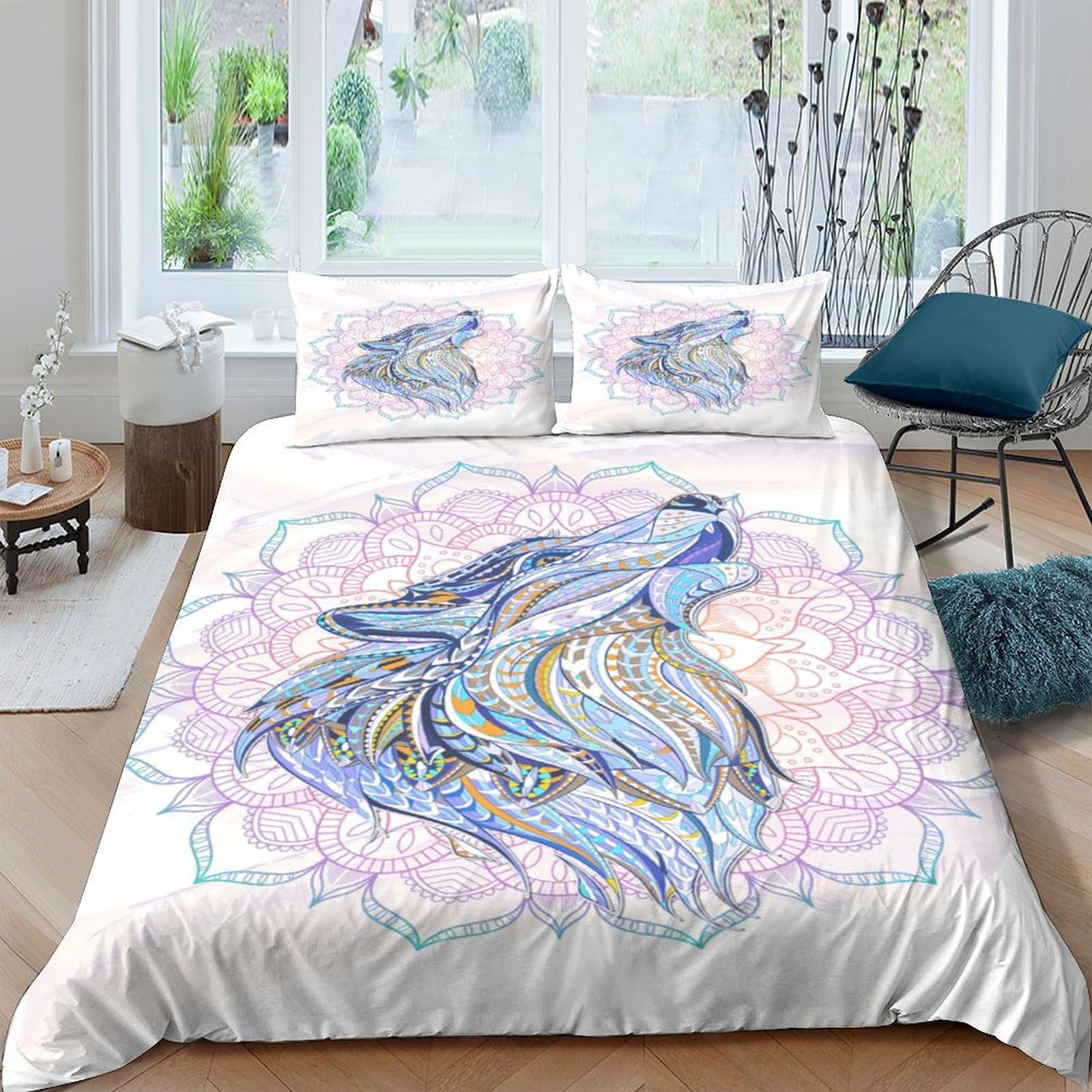 Ctjqhvkz Style-8 3D Printed Artistic Wolf Fitted Sheet Microfiber Soft Breathable Mandala Flower Mattress Cover For Bedroom Decor Single（135X200cm）