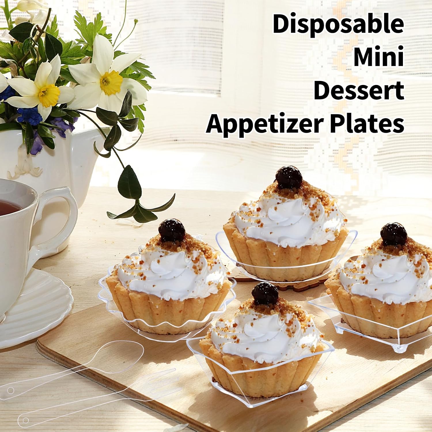 240 Pcs Appetizer Plates With Spoons Forks - Clear Disposable Mini Dessert Containers - Assorted Shape Plastic Square Bowls for Party Serving Supplies
