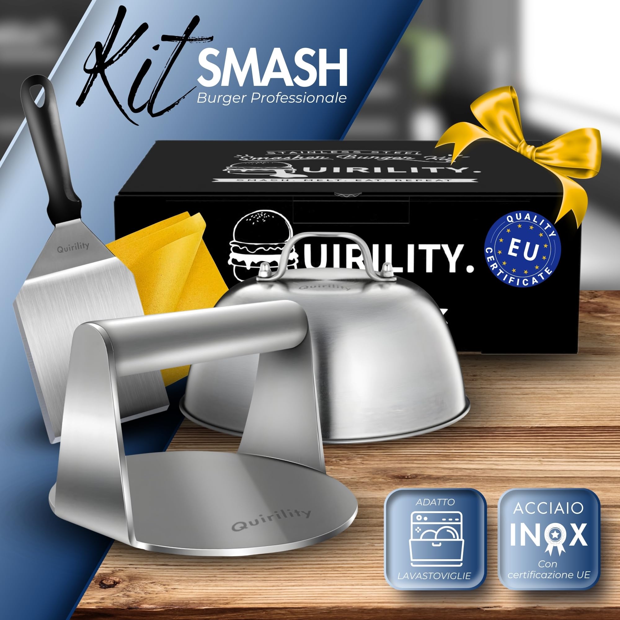 Smash Burger Kit - Kit Professionale in Acciaio Inossidabile con Certificato EU Contatto Alimentare - Pressa per Hamburger - Smash Burger Press - Schiaccia Hamburger (PRO (3 Pezzi))