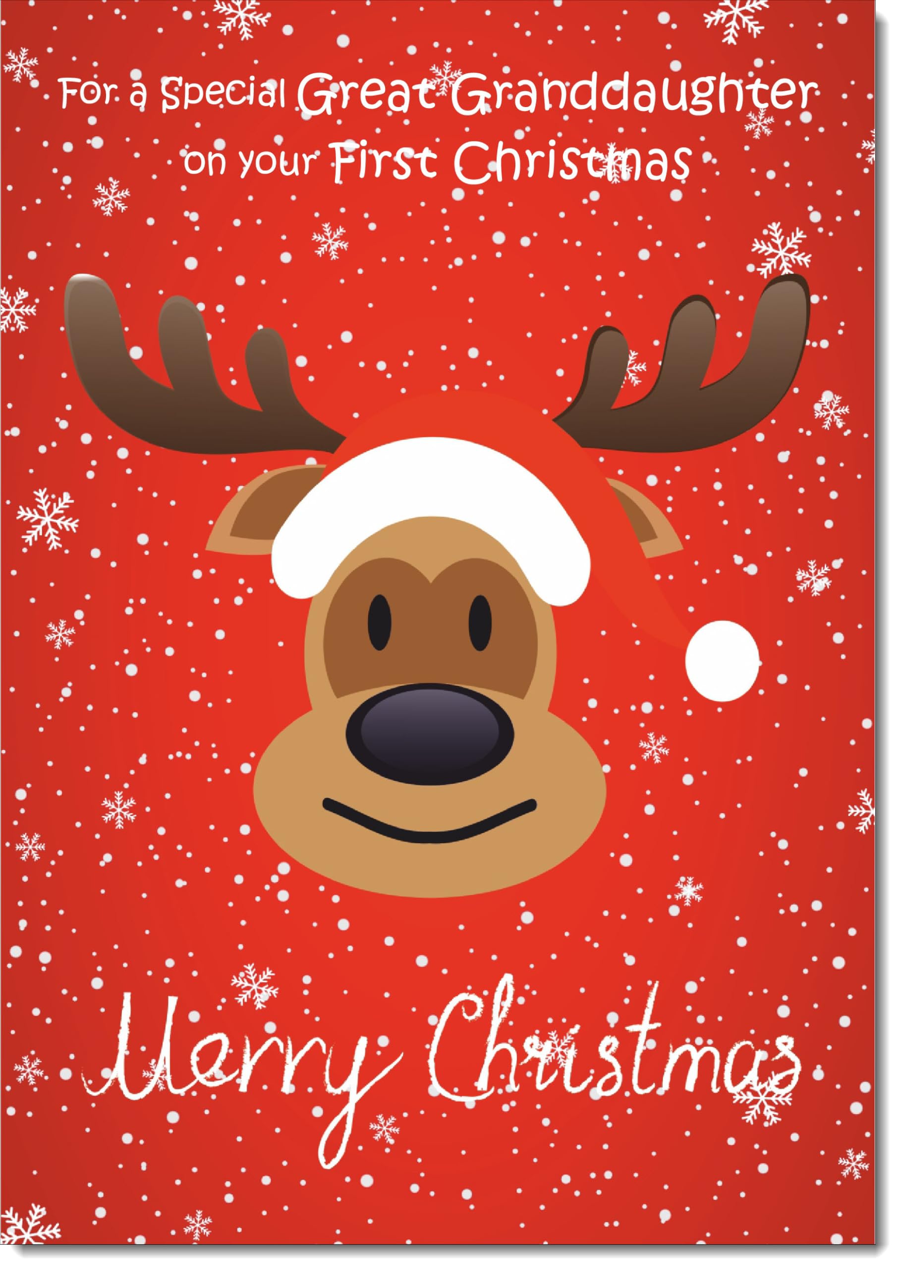 doodlecards Great Granddaughters 1st First Christmas Card Rudolph on Red Background Large A4 Size Christmas Card for Great Granddaughters 1st with Plain Envelope โ image 1