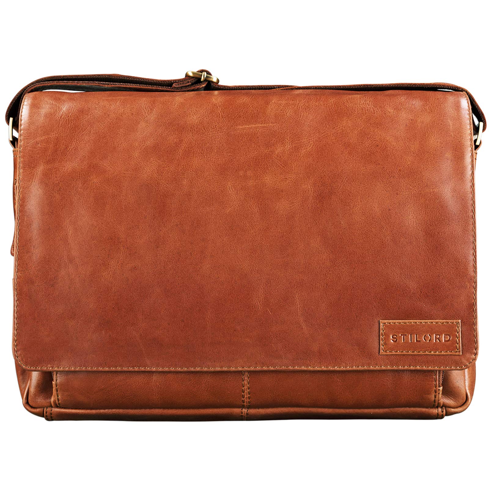 STILORD Rick Schultertasche Leder für 15,6 Zoll Laptop Umhängetasche Aktentasche Bürotasche Unitasche Büffel-Leder Farbe:Cognac - Hellbraun