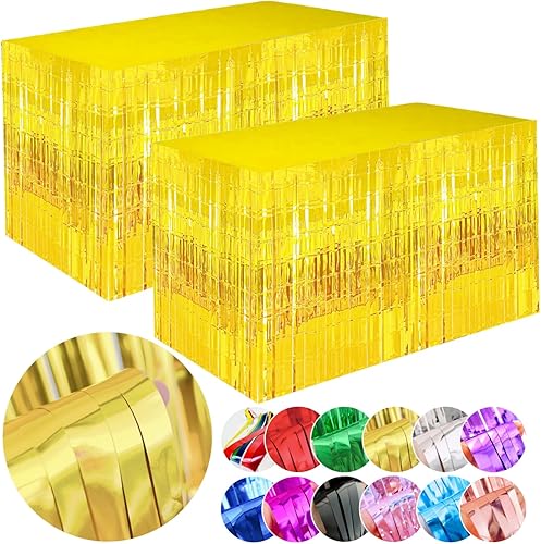 Juego de 2 faldas de mesa con flecos de papel de aluminio dorado amplio, guirnalda de guirnalda metálica de oropel para decoración de fiesta de