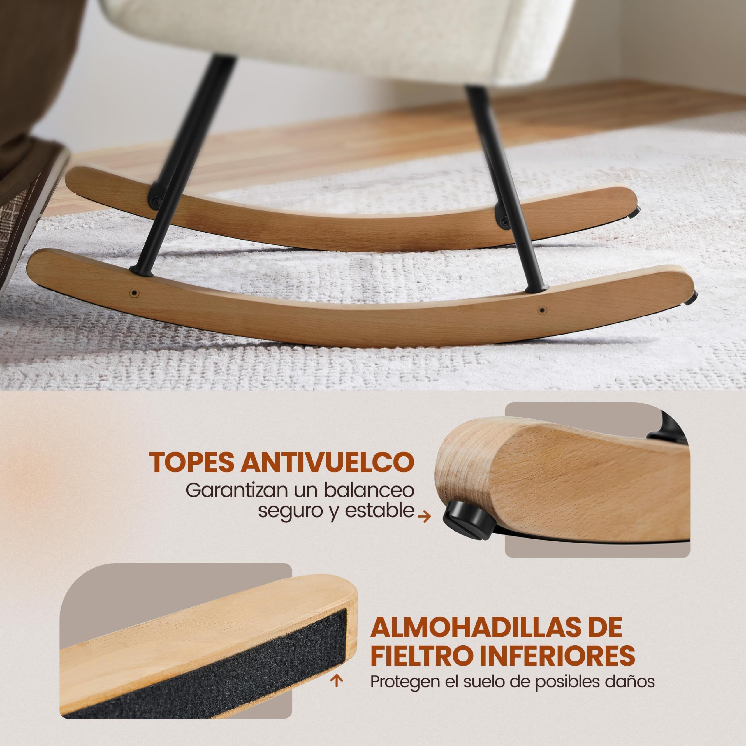 Yaheetech Silla Mecedora Relax Tapizada en Boucle Sillón Balancín con Estructura Metal y Madera de Haya Respaldo Alto Soporta 136 kg Ideal Salón Dormitorio Beige