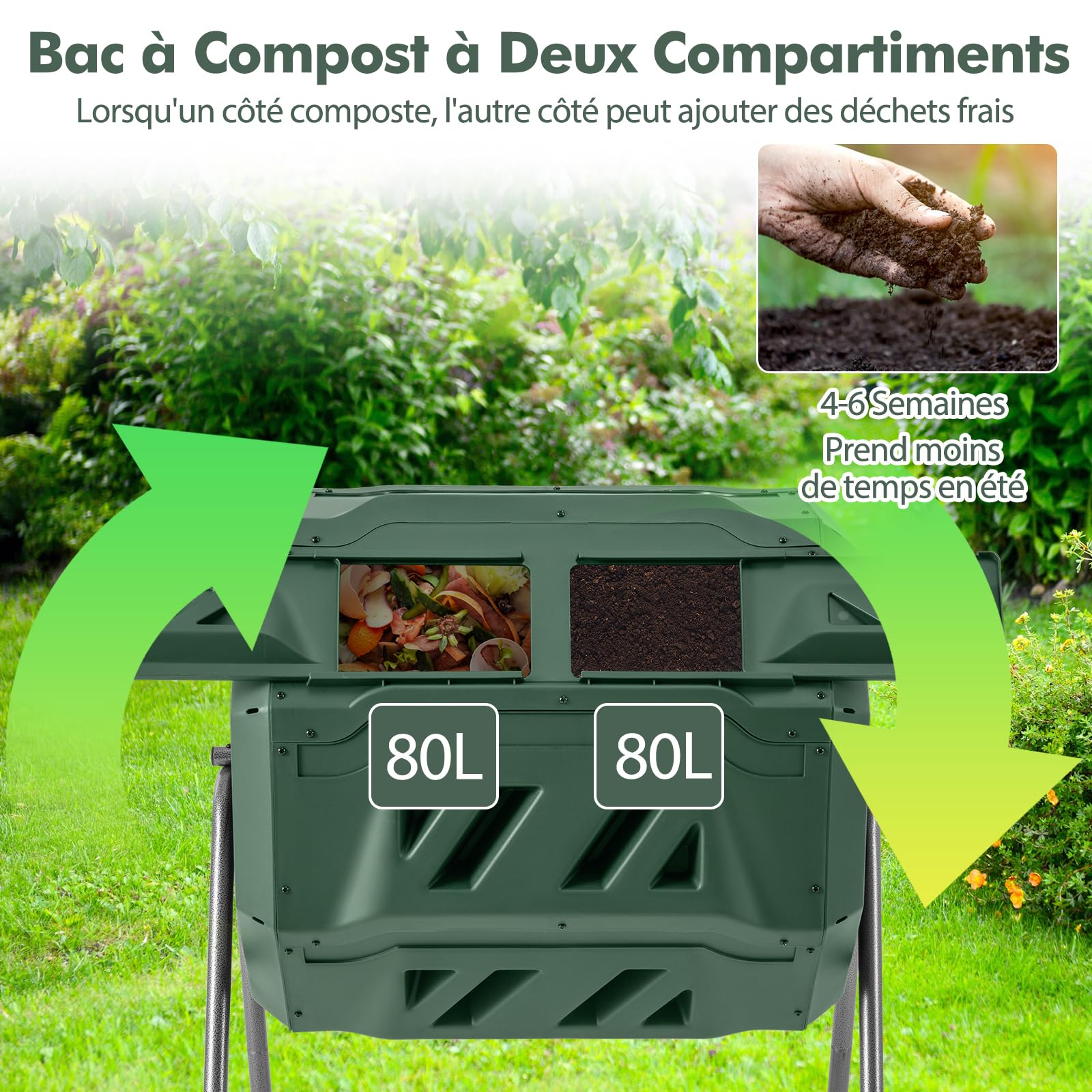 GOPLUS Composteur de Jardin, Bac à Compostage à Double Chambre de 160 L avec 2 Portes Coulissantes, Cadre en Métal, Grand Composteur Rotatif sans BPA pour Déchets de Cuisine, Jardin, Cour (Vert)