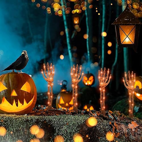 Miniatura 7 de Decoraciones de Halloween para exteriores, paquete de 4 decoraciones de brazo de esqueleto iluminado, 100 luces LED moradas y naranjas con 11 modos,