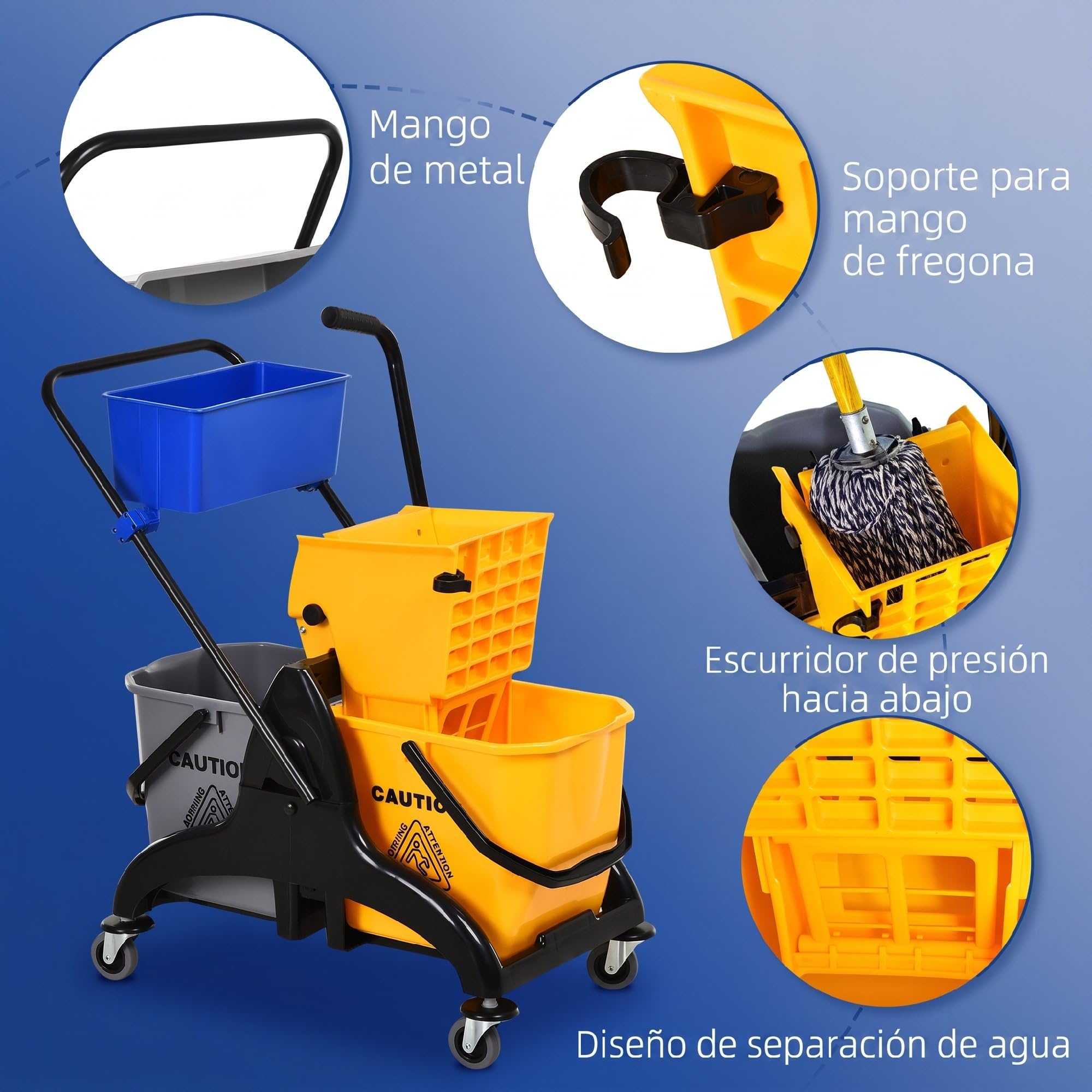 HOMCOM Cubo de Fregona con Ruedas, 26 L, Cubo de Fregar con Sistema de Escurridor de Presión Lateral, Asa de Transporte y Doble Cubetas Separadas para Doméstico y Comercial, Amarillo y Azul