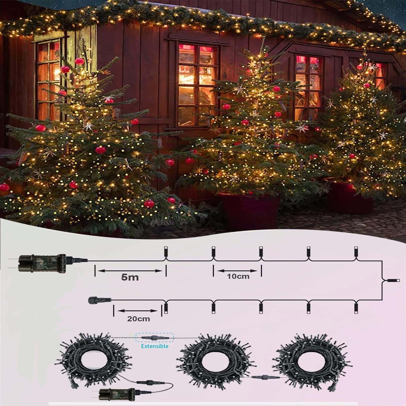 Guirlande Lumineuse Extérieur, 50M 500 LED Guirlande Lumineuse Sapin de Noël 8 Modes avec Minuterie et Mémoire, IP65 Étanche pour Extérieur Intérieur Chambre Balcon Jardin Noël Mariage, Blanc Chaud