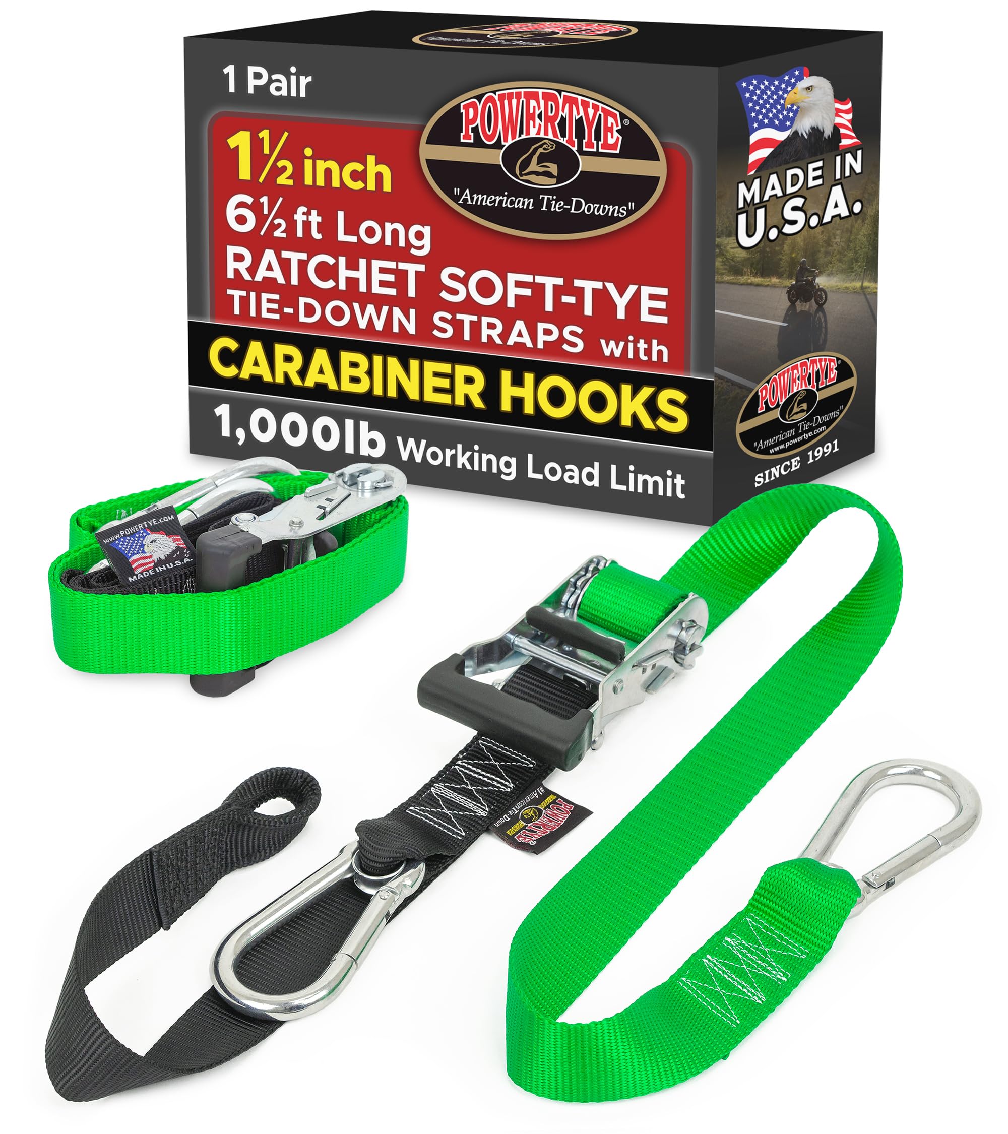 PowerTye 1.5 inch x 6.5ft Ratchet Straps w/Carabiners, Green/Black Pair