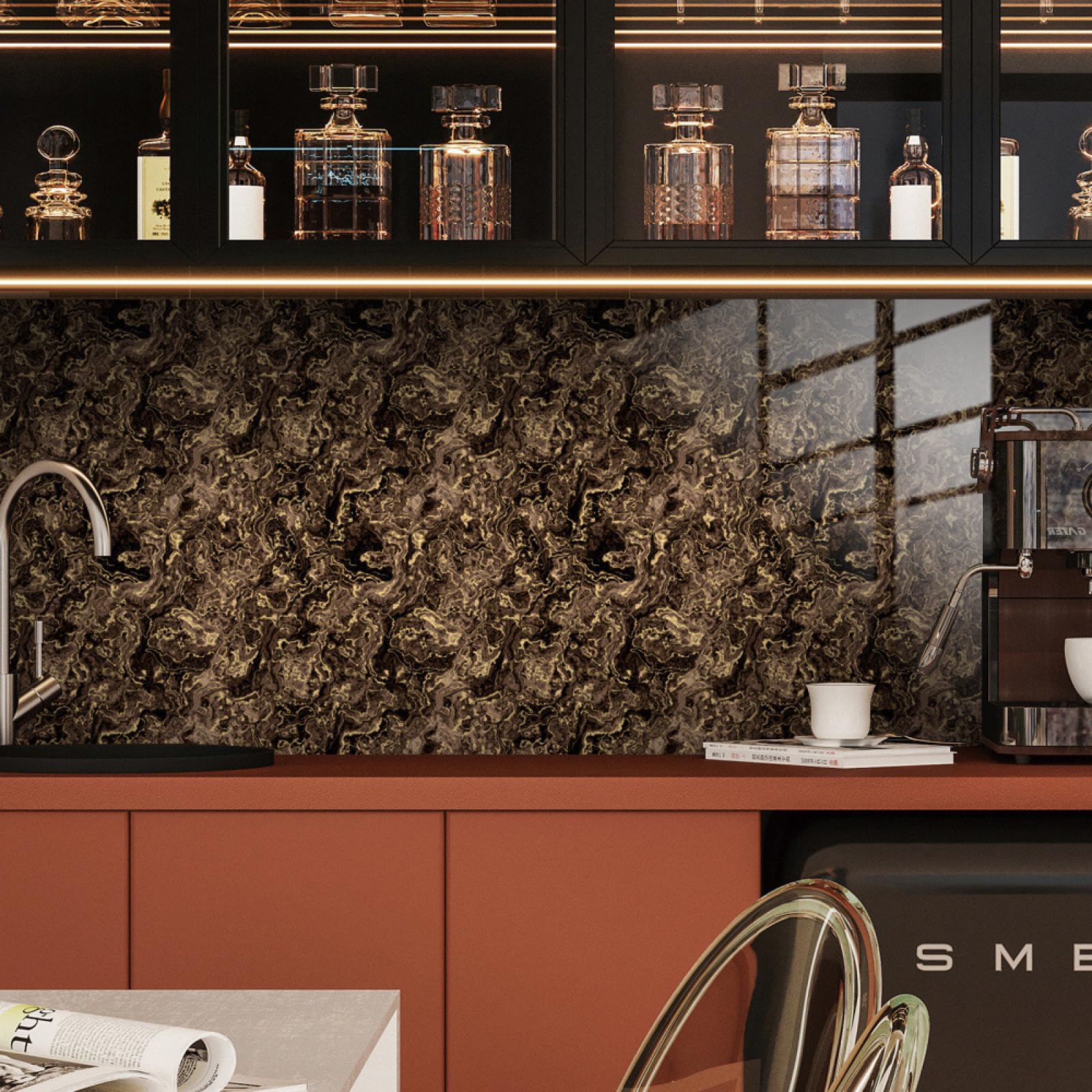 Piastrelle Adesive Cucina Marmo Marrone Scuro Pavimento pvc Adesivo Mobili Decorazioni Piastrelle Adesive Bagno Impermeabile Resistenza all'olio Mattonelle Adesive