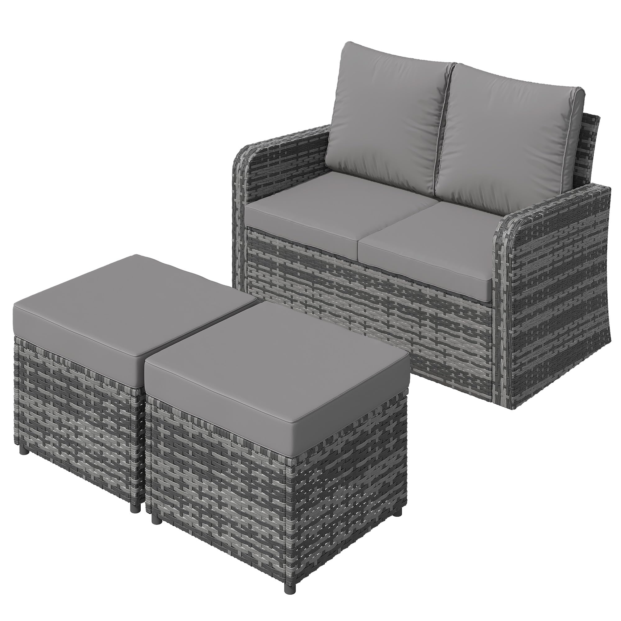 HOMREST Outdoor Patio Couch Sofa, All-Weather PE Wicker Loveseat Couch, Outdoor Seating Patio Furniture Sofa with Ottoman &amp; Cushions, Modern Garden Furniture for Deck, Balcony, Porch(Grey)