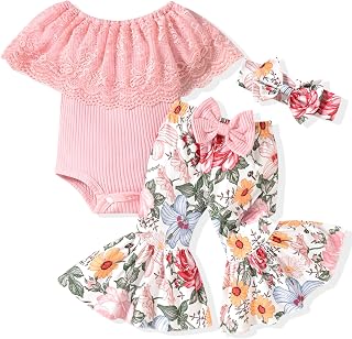 HINTINA Newborn Baby Girl Short Sleeve Bodysuit Flared Pants Ribbed Outfits