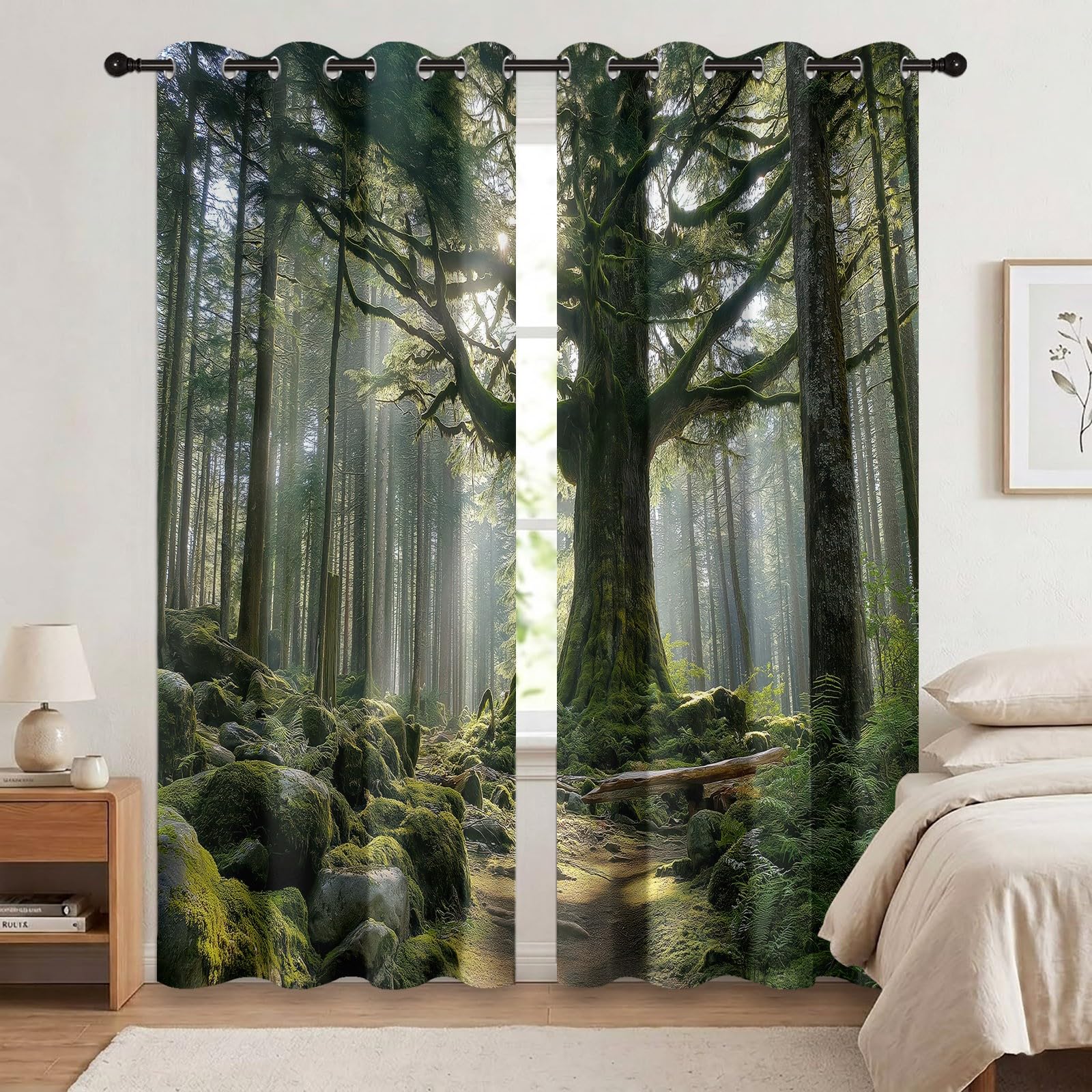 Plante Rideau Occultant Thermiques Arbres Centenaires Imposants Rustiques Décoration Salon Rideaux Occultants De Fenêtre pour Bureau À Domicile, Fenêtre Décor 140L X 260H cm (2 Panneaux), Vert