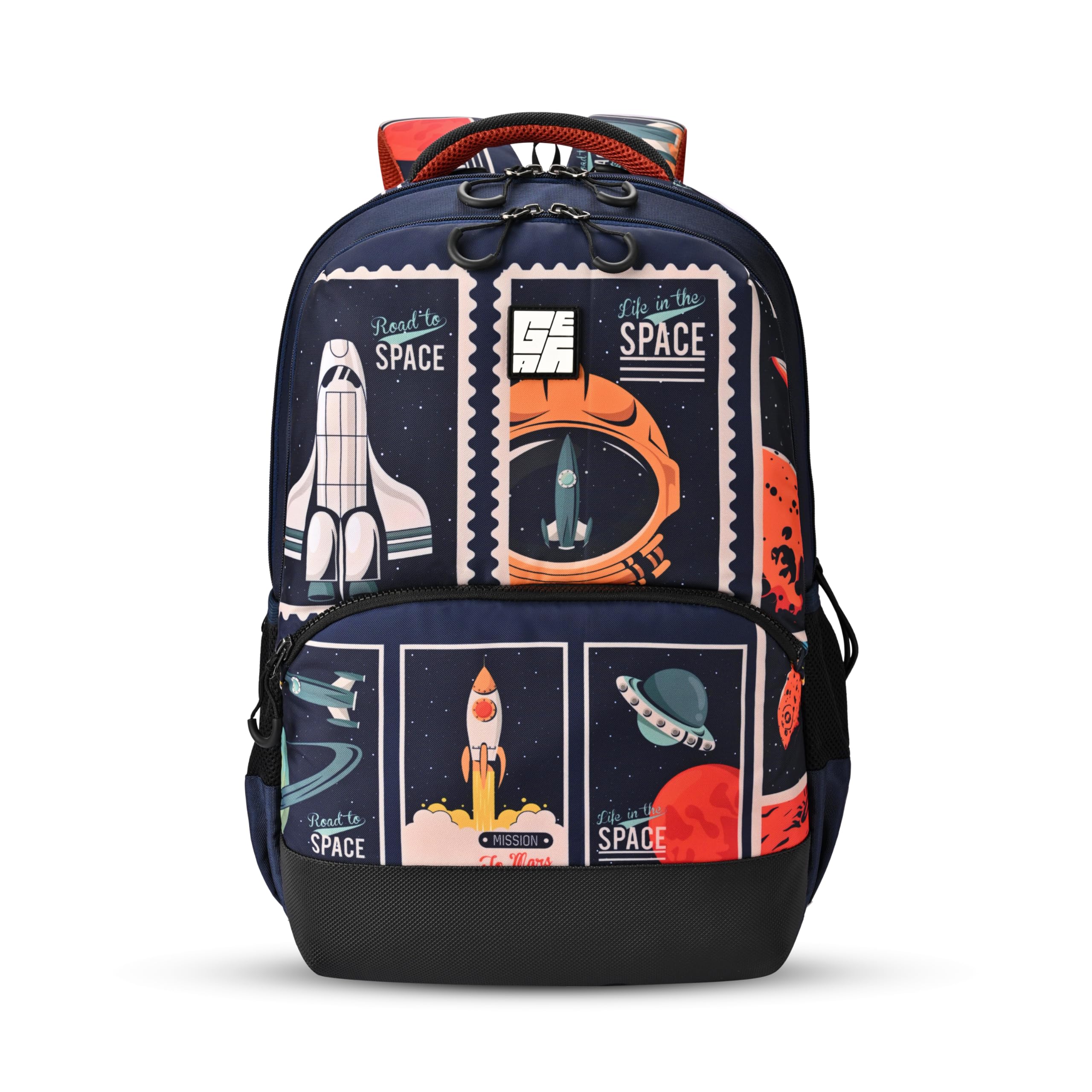 Gear Astronomical Stamp 3 Compartment Backpack 19"/38L Large Water Resistant School Bag/Casual 3 Compartment Backpack/Daypack/Kids Bag for Boys/Girls (Navy-Orange)