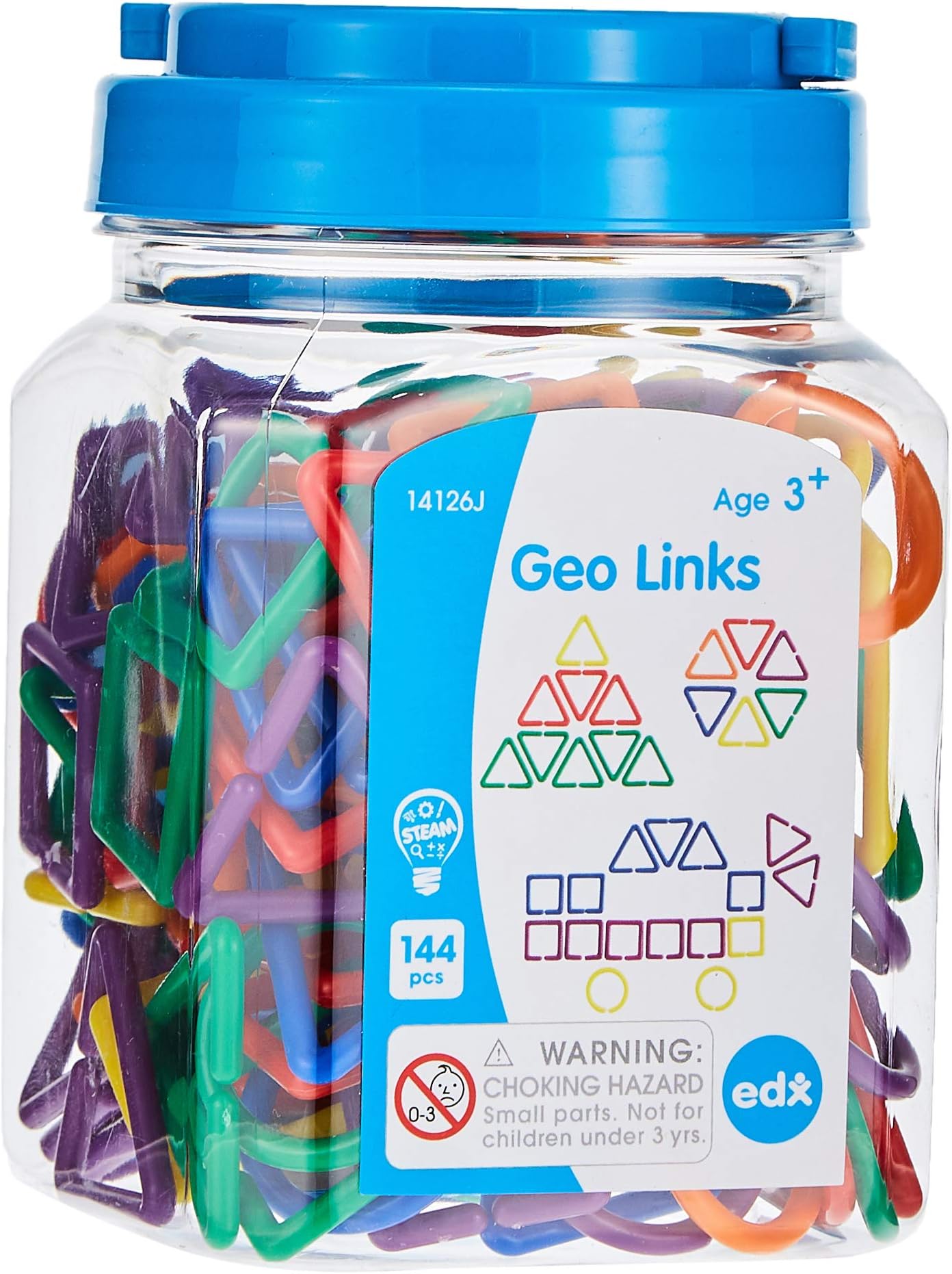 edxeducation Geo Links | Mini Jar | Set of 144 | Linking Shapes | 6 Colours | Practice Shape Recognition, Counting, Sorting and More