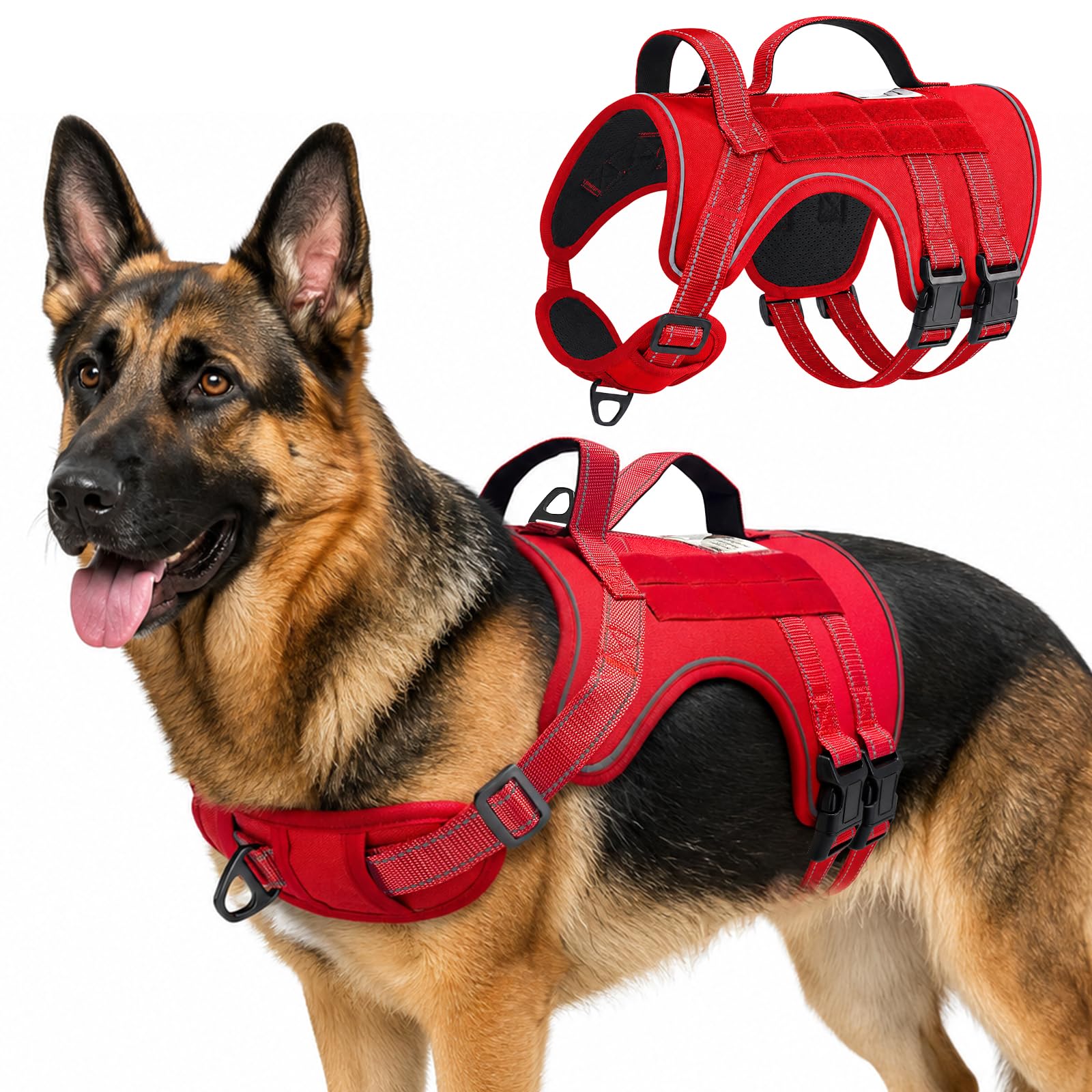 Avepisry Tactical Dog Harness, Escape Proof No Pull Dog Harness for Medium Large Dogs, Adjustable Reflective Breathable Soft Padded Pet Harness with Easy Control Handle for Training Running (Red, M)