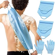 LUFFLOK Body Scrub Glove, 2 Exfoliating Gloves and 2 Shower Back Brushes, Shower Exfoliating Brush and Body Scrub Gloves for Body, Face and Bath Use (Blue)