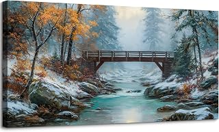 SLYCAY Large Winter Bridge Canvas Wall Art Prints, Snow Mountain Forest Landscapes Village River Oil Painting Pictures Wall Decor Artwork Bedroom Living Room Office Home Decor 20"X40"