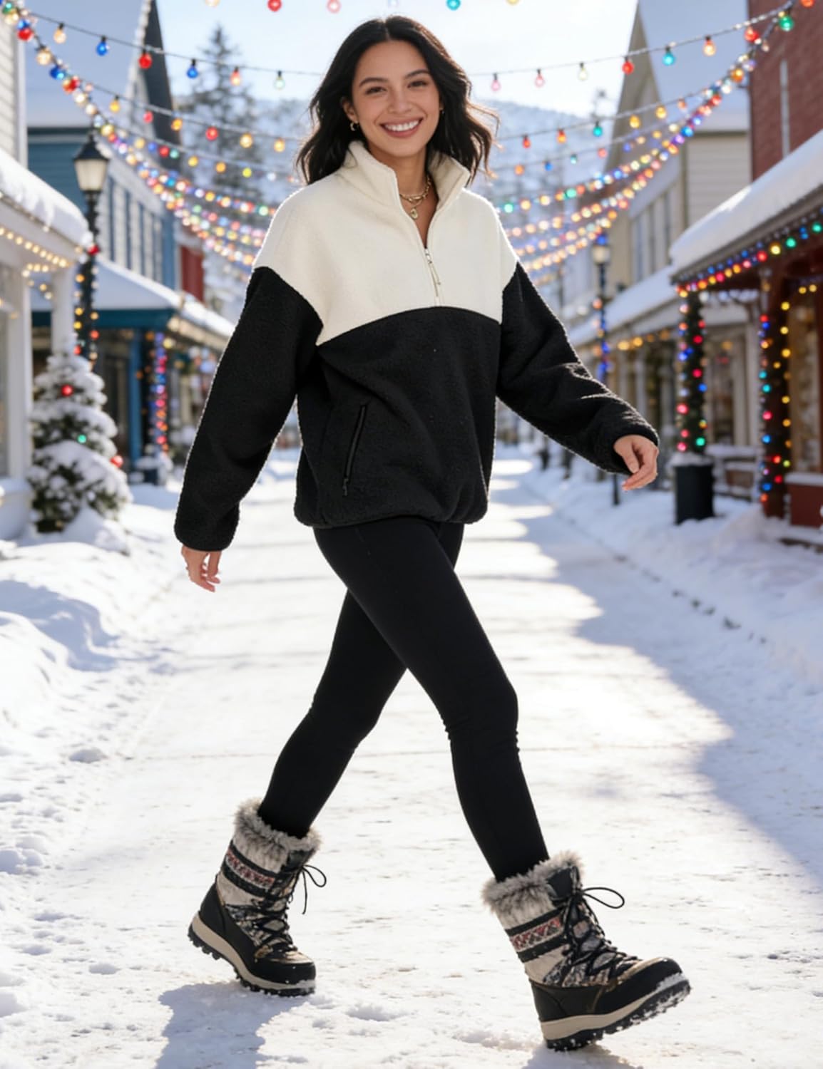 Womens Colorblock Fleece Jacket Half Zip Mockneck Sherpa Pullover Hiking Outdoor Sweatshirts with Pockets - Image 8