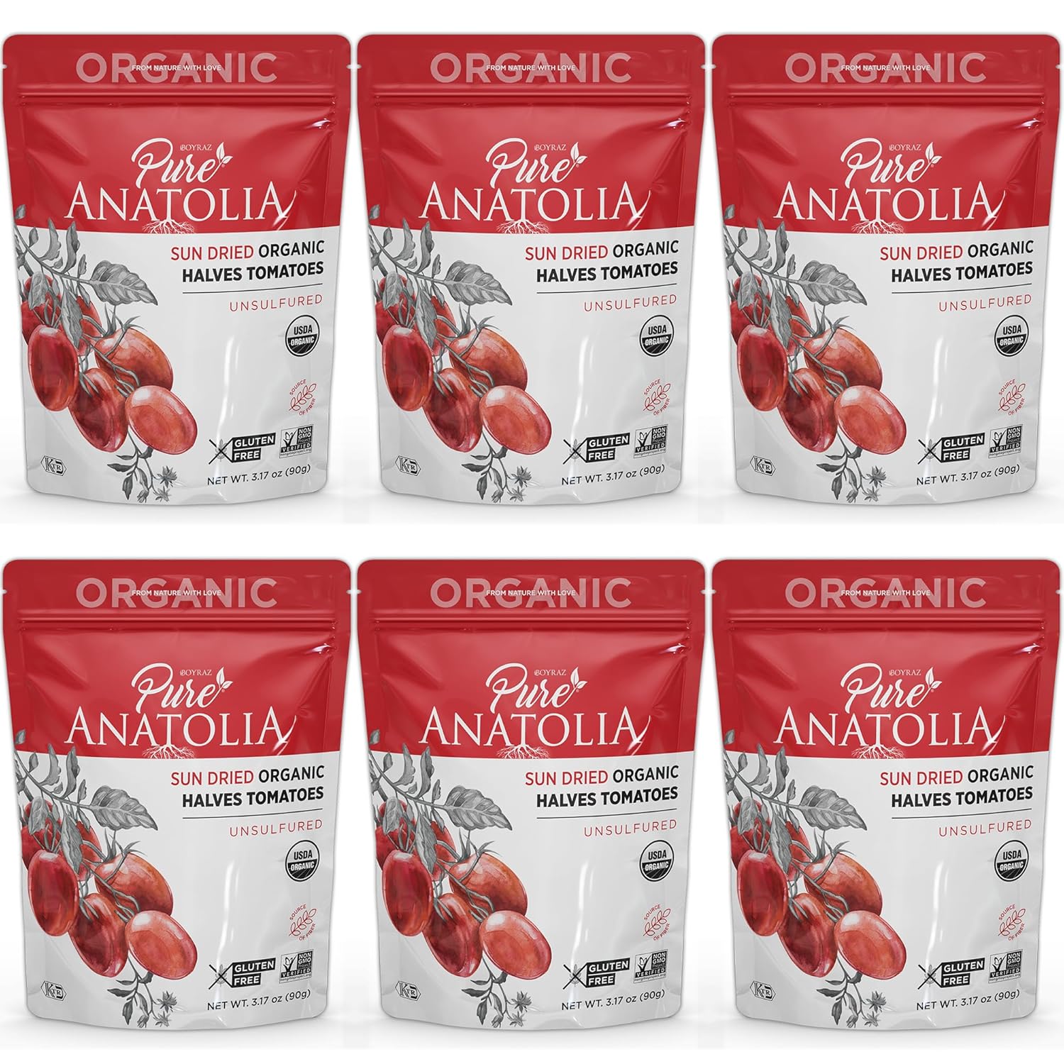 Sun Dried Organic Tomatoes Halves Cut by Pure Anatolia, Resealable Portion Control Packs, Non-GMO, Gluten-Free, Vegan, Unsulfured, Nutrient-Rich, No Preservatives, Pack of 6