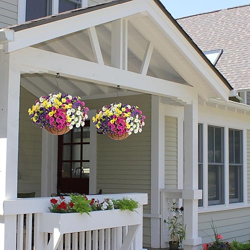 Miniatura 3 de Flores artificiales en cesta colgante, plantas de seda sintética gloria matutina en maceta colgante para decoración del hogar, jardín al aire libre,