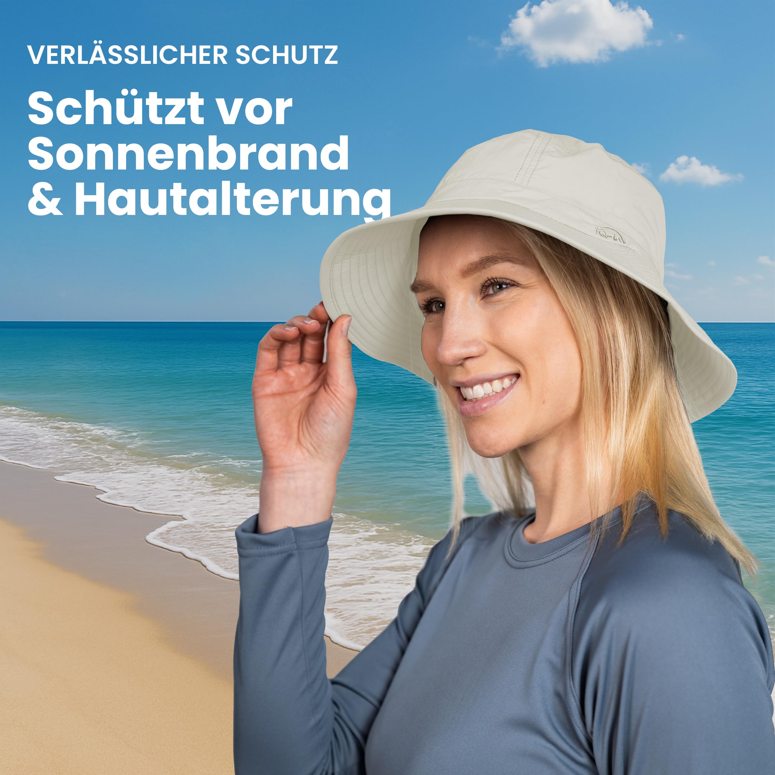 iQ-UV Sonnenhut für Herren & Damen 55-61cm – UPF 50+ TÜV geprüft – leichter und atmungsaktiver Sonnenschutz Hut mit UV Schutz 50 aus recycelten Materialien – idealer Fischerhut für Outdoor-Aktivitäten