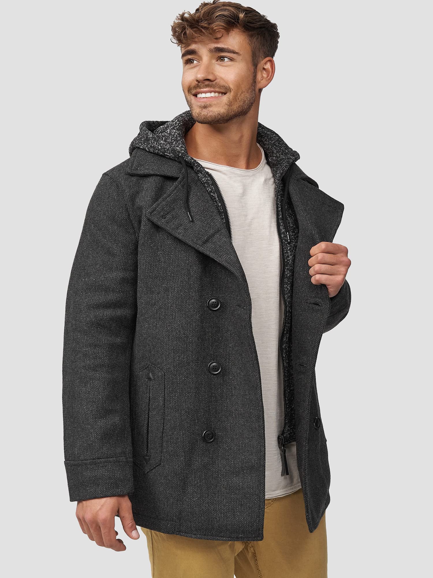 Indicode Herren Cliff Kurzmantel Wollmantel mit Stehkragen und Kapuze | Warmer Herrenmantel für Alltag und Freizeit mit Kapuze, Wintermantel, Outdoorjacke, Freizeitmantel, edler Mantel für Männer