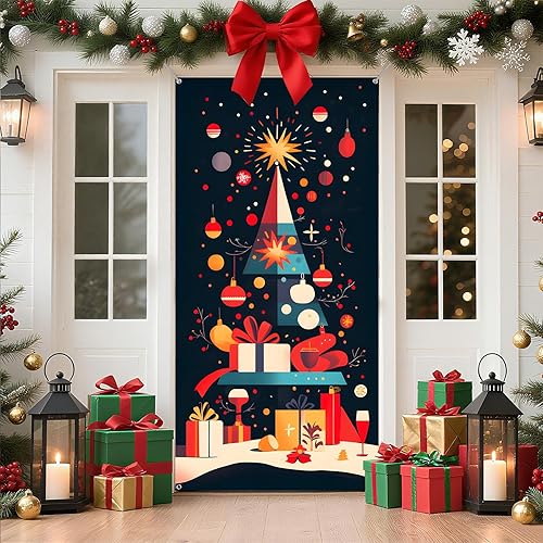 Miniatura 18 de Cubierta de Puerta de Navidad Papá Noel Muñeco de Nieve Árbol de Navidad Corona Pancarta Decoración de Vacaciones de Invierno para Puerta Principal