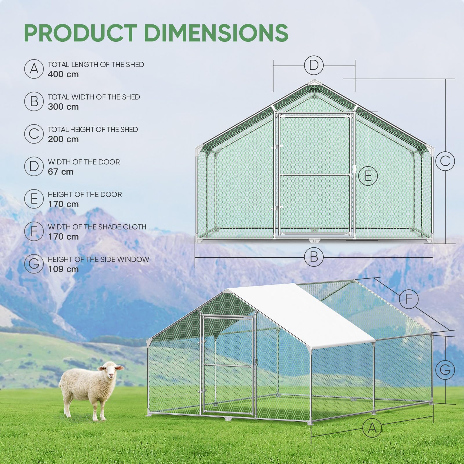 Gallinero para Exterior, Gallineros Grandes de Metal Galvanizado, Jaula para Gallinas con Candado, Gallinero Exterior con Techo de Polietileo pano ra Protección Solar, 4x3x2m