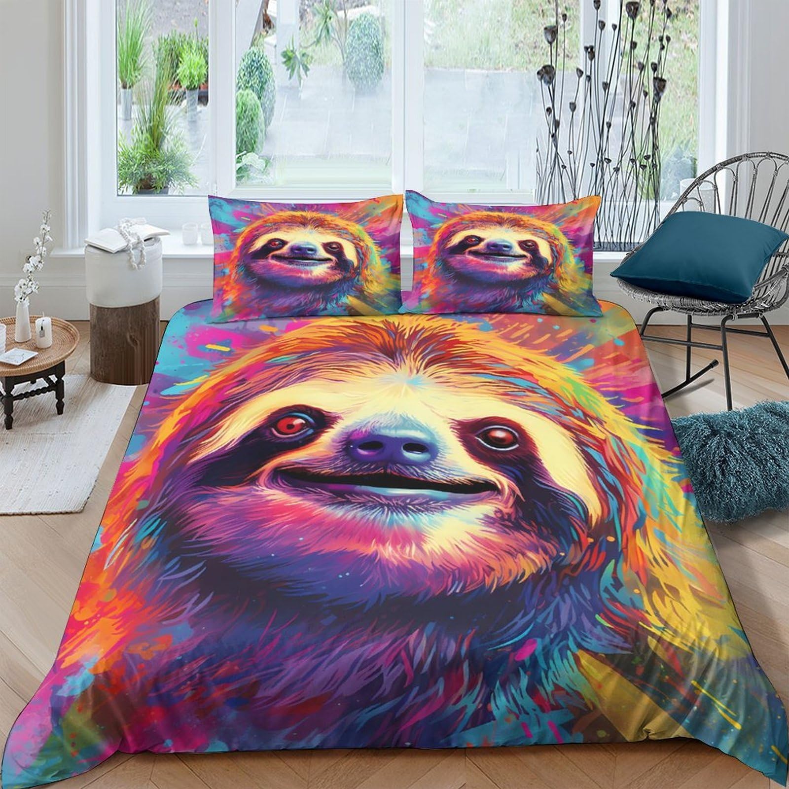 Ctjqhvkz Style-4 3D Printed Colorful Sloth Fitted Sheet Microfiber Vibrant Animal Art Mattress Cover For Bedroom Dorm Decor Single（135X200cm）