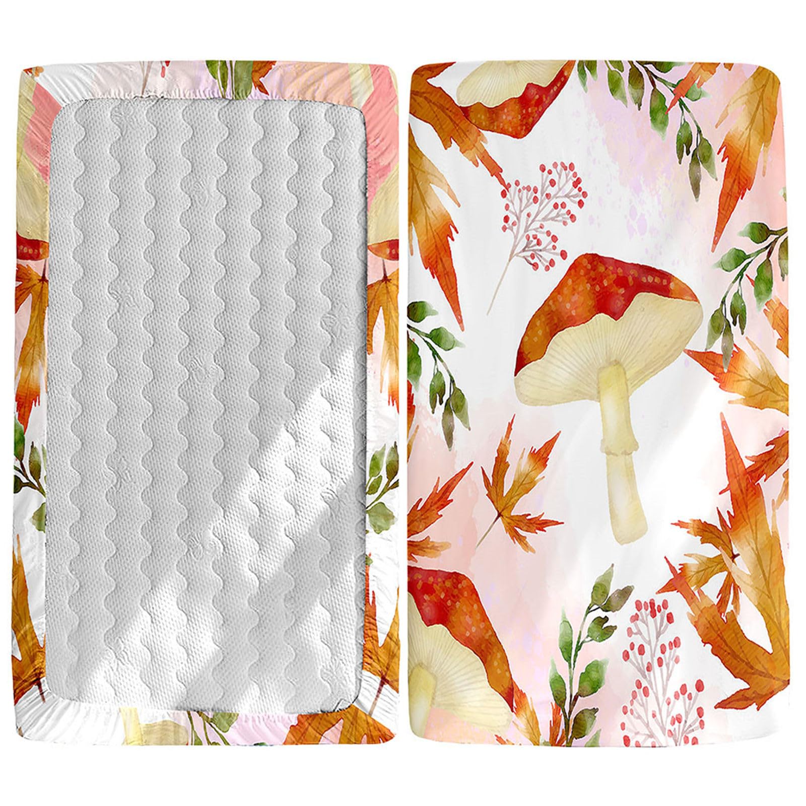 Odot Cot Bed Fitted Sheets, Mushroom Pattern Cot Bed Sheet Fitted Sheets for Cribs Baby Bed Sheets Soft Bassinet Sheets Cot Bed Mattress Protector for Boy Girl (Maple Leaf,95x65cm)