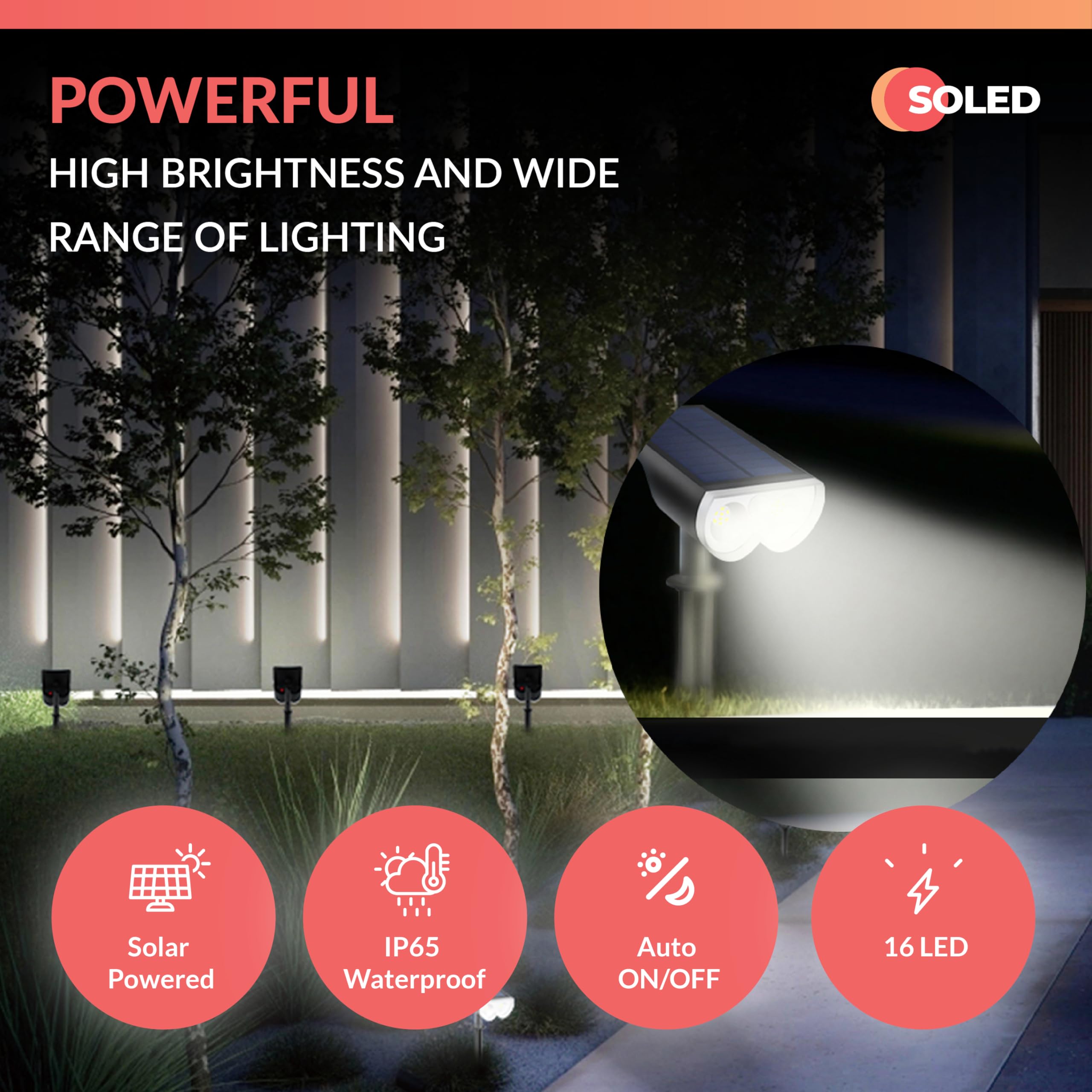 SOLED Solar Spot Lights Outdoor - IP67 Waterproof Garden Lights Solar Powered, Adjustable Cool White LED Pathway Lights, Dusk to Dawn LED Outdoor Light, 2 Pack Solar Spotlight
