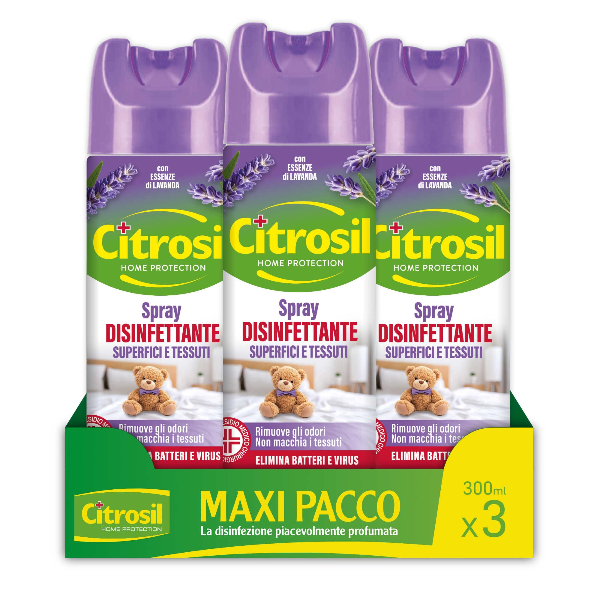 Citrosil Disinfettante Spray, Superfici e Tessuti, Elimina Fino al 99,9% di Virus e Batteri, Essenze di Lavanda, 300 ml x 3 Confezioni