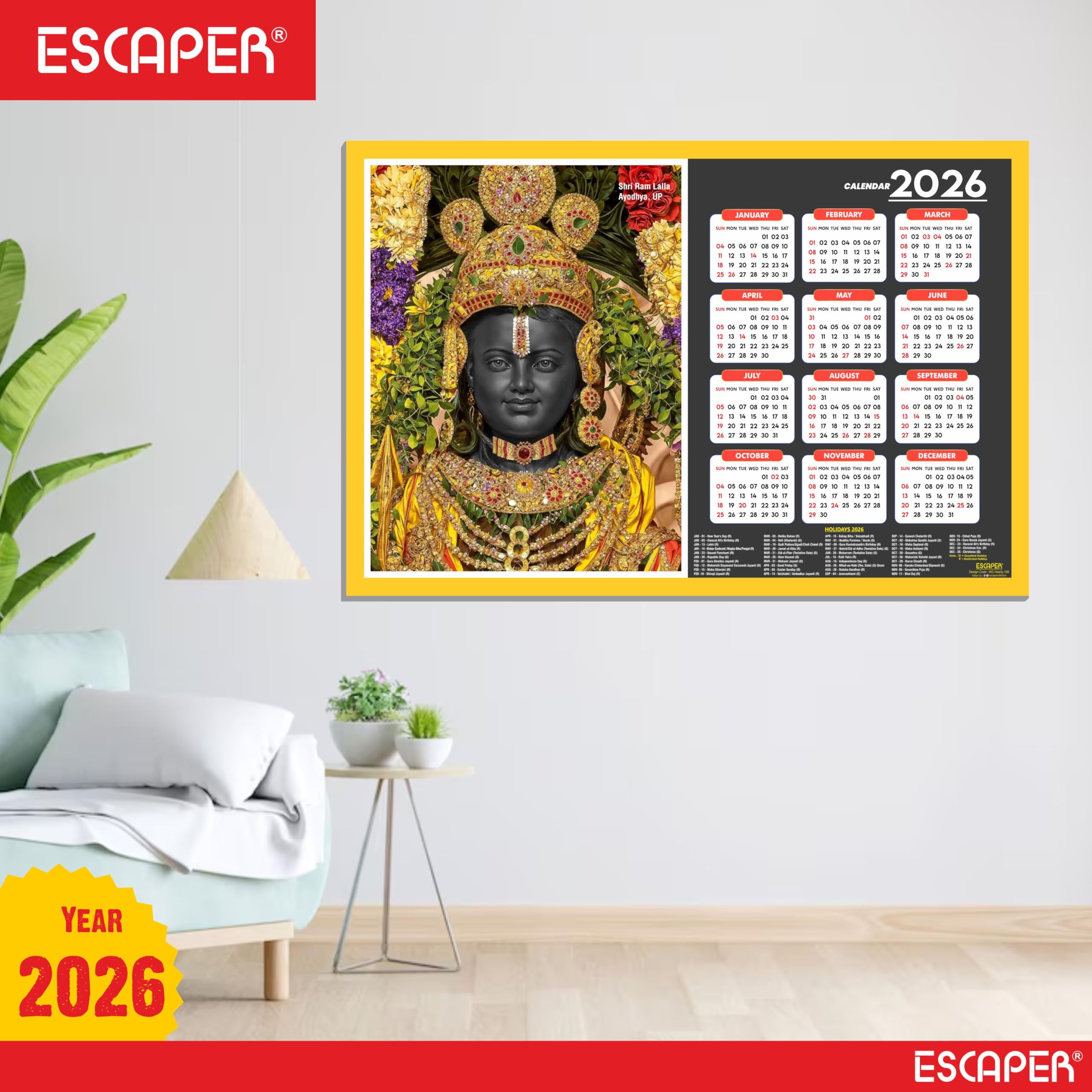 ESCAPER Calendario de pared Shri Ram Lalla 2026 – 45 x 30 cm, templo Shri Ram Lalla y fotos, calendario de pared religioso del dios hindú para el hogar, la oficina y la habitación Pooja